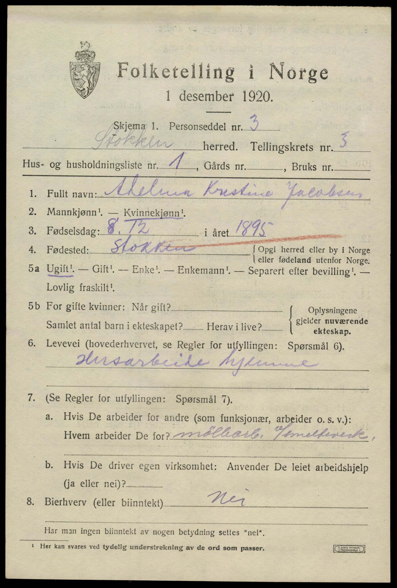 SAK, 1920 census for Stokken, 1920, p. 1968