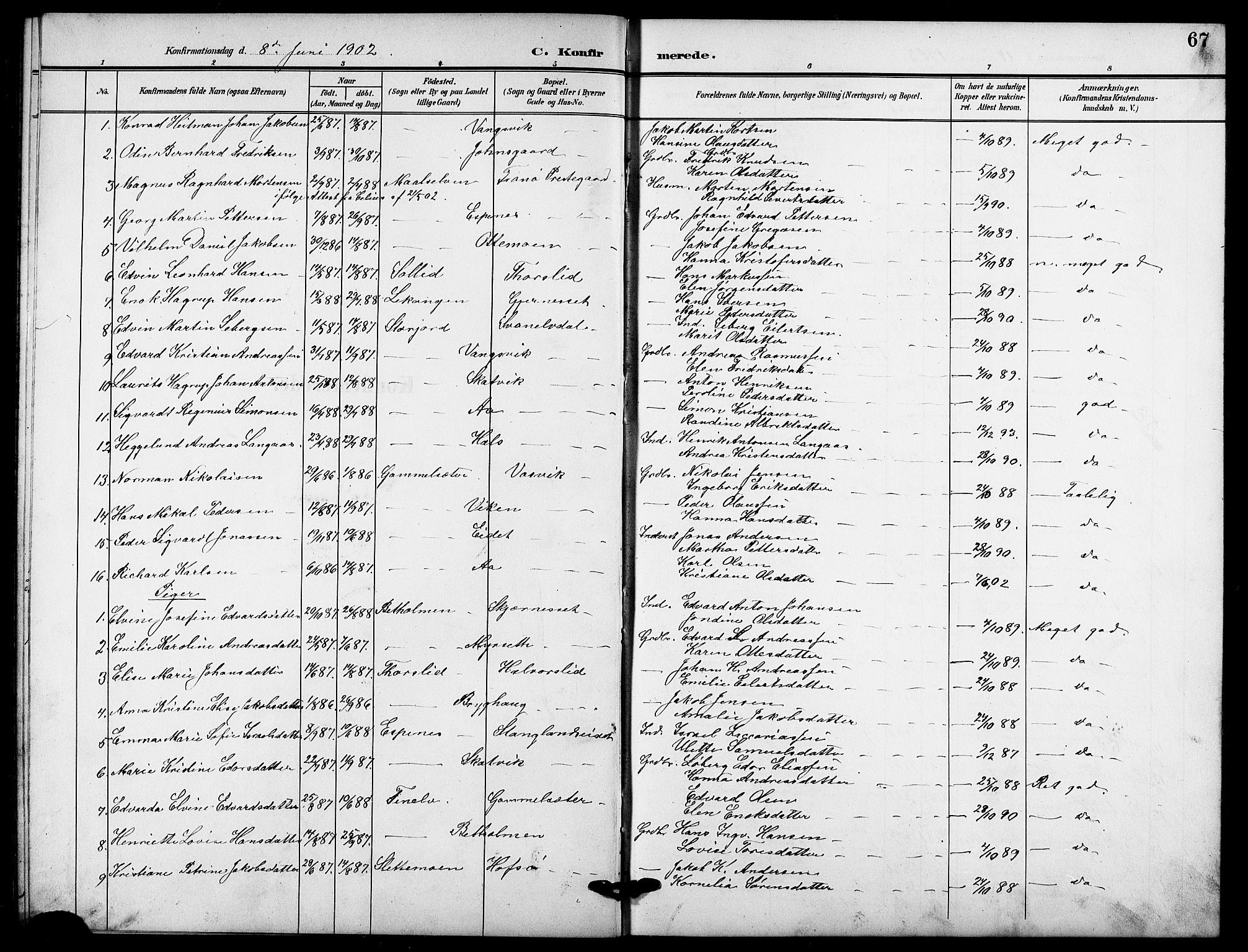 Tranøy sokneprestkontor, SATØ/S-1313/I/Ia/Iab/L0005klokker: Parish register (copy) no. 5, 1902-1919, p. 67