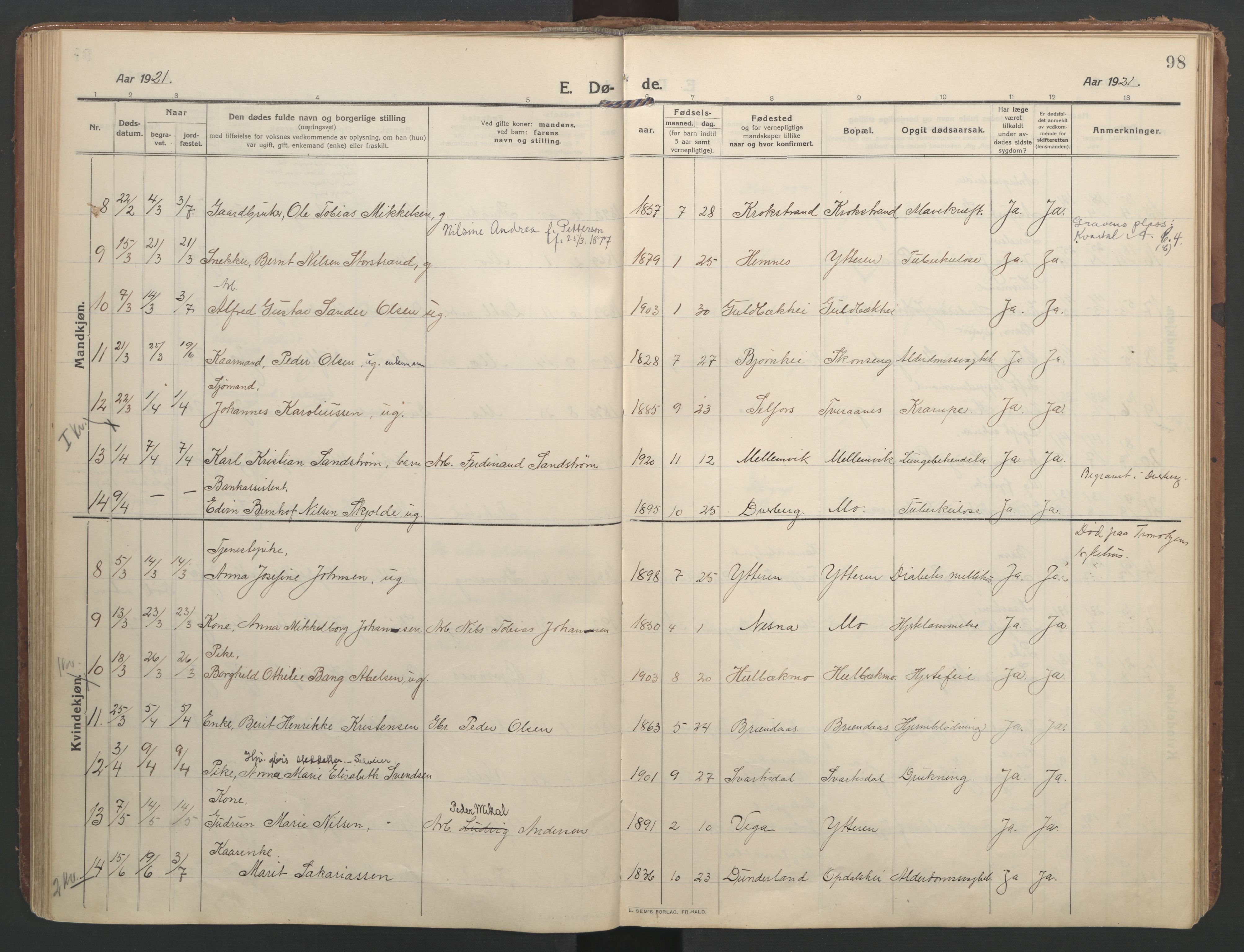 Ministerialprotokoller, klokkerbøker og fødselsregistre - Nordland, SAT/A-1459/827/L0405: Parish register (official) no. 827A17, 1912-1925, p. 98