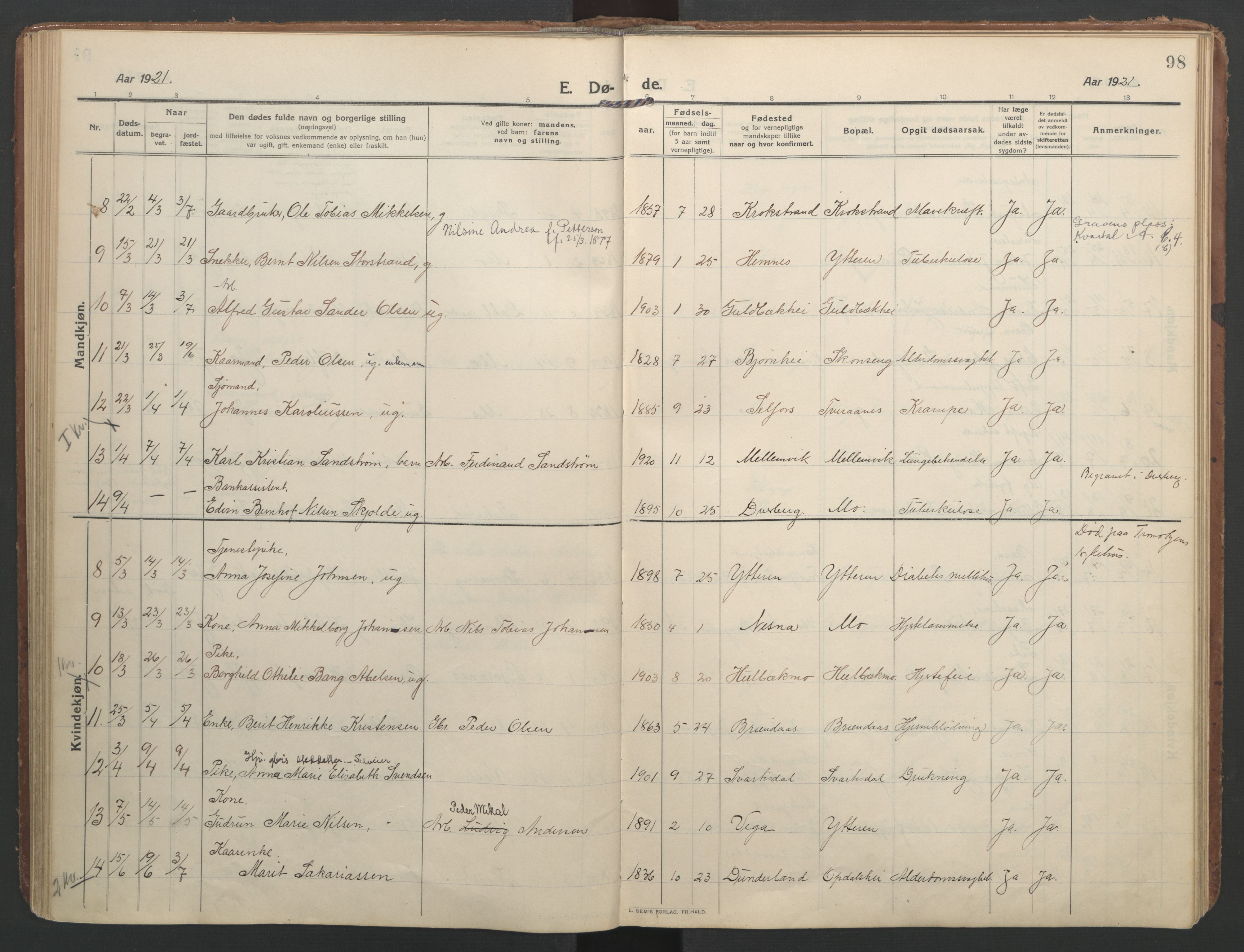 Ministerialprotokoller, klokkerbøker og fødselsregistre - Nordland, AV/SAT-A-1459/827/L0405: Parish register (official) no. 827A17, 1912-1925, p. 98