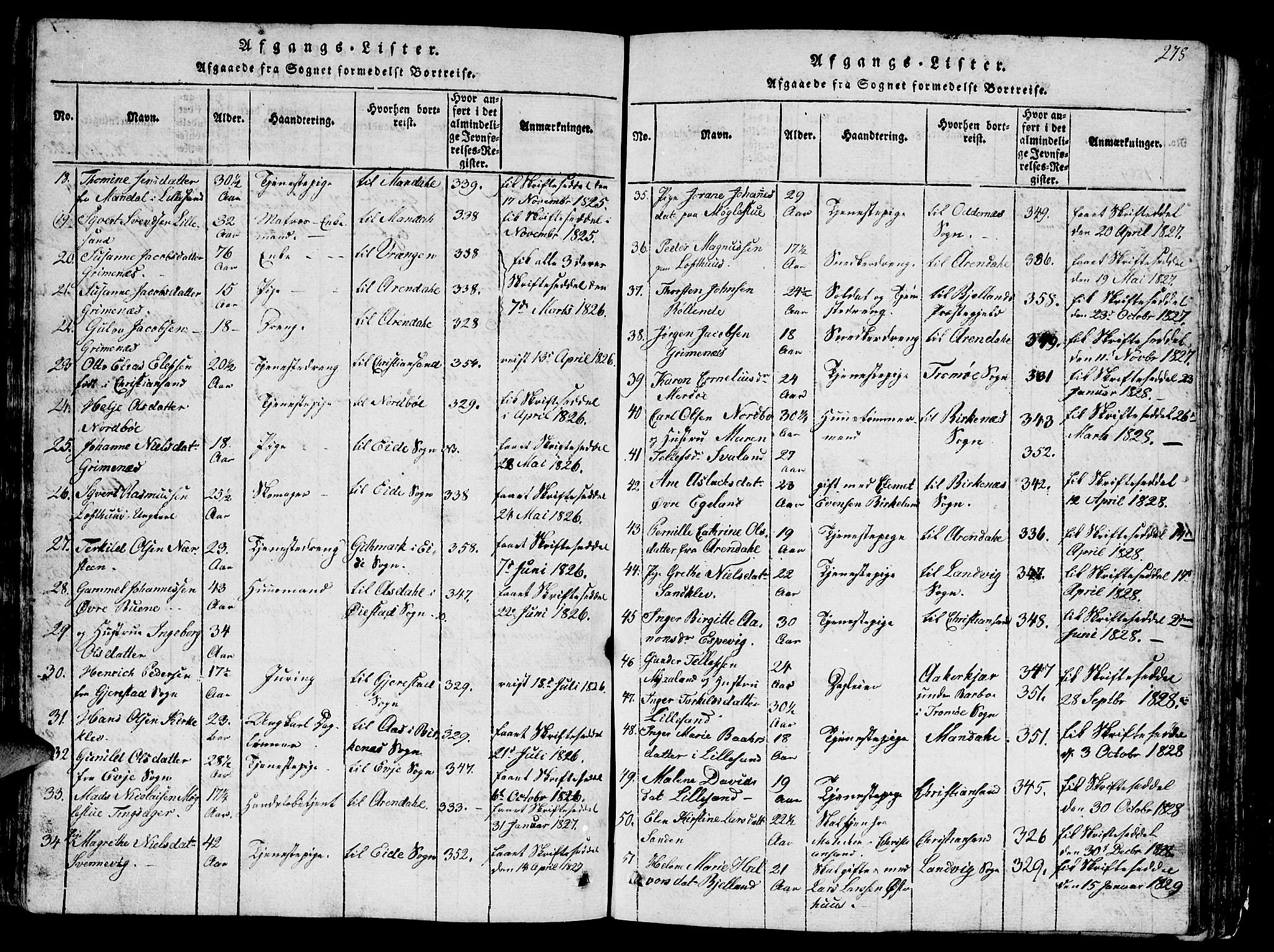 Vestre Moland sokneprestkontor, SAK/1111-0046/F/Fb/Fbb/L0001: Parish register (copy) no. B 1, 1816-1851, p. 278