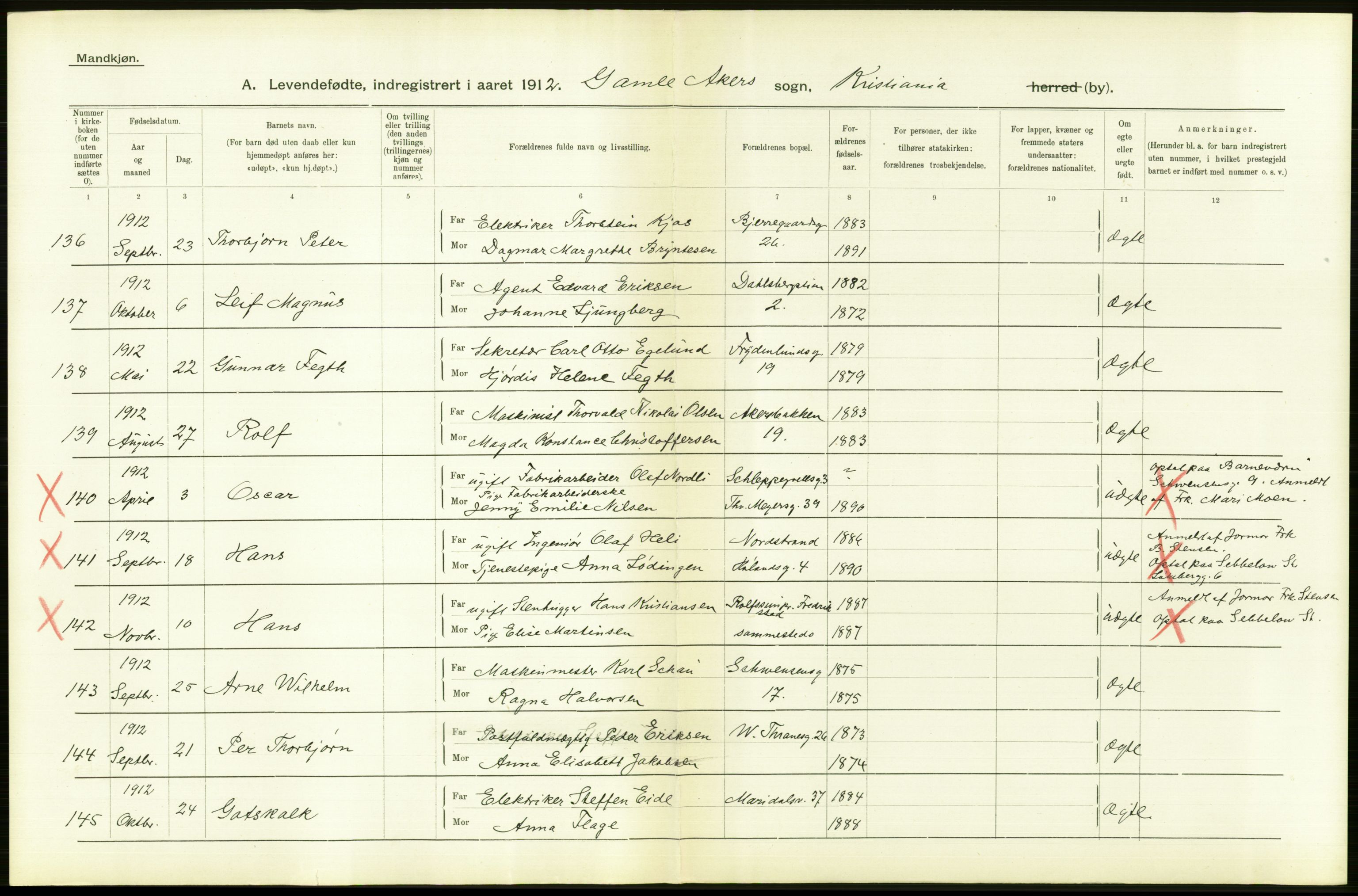 Statistisk sentralbyrå, Sosiodemografiske emner, Befolkning, AV/RA-S-2228/D/Df/Dfb/Dfbb/L0007: Kristiania:  Levendefødte menn og kvinner., 1912, p. 496