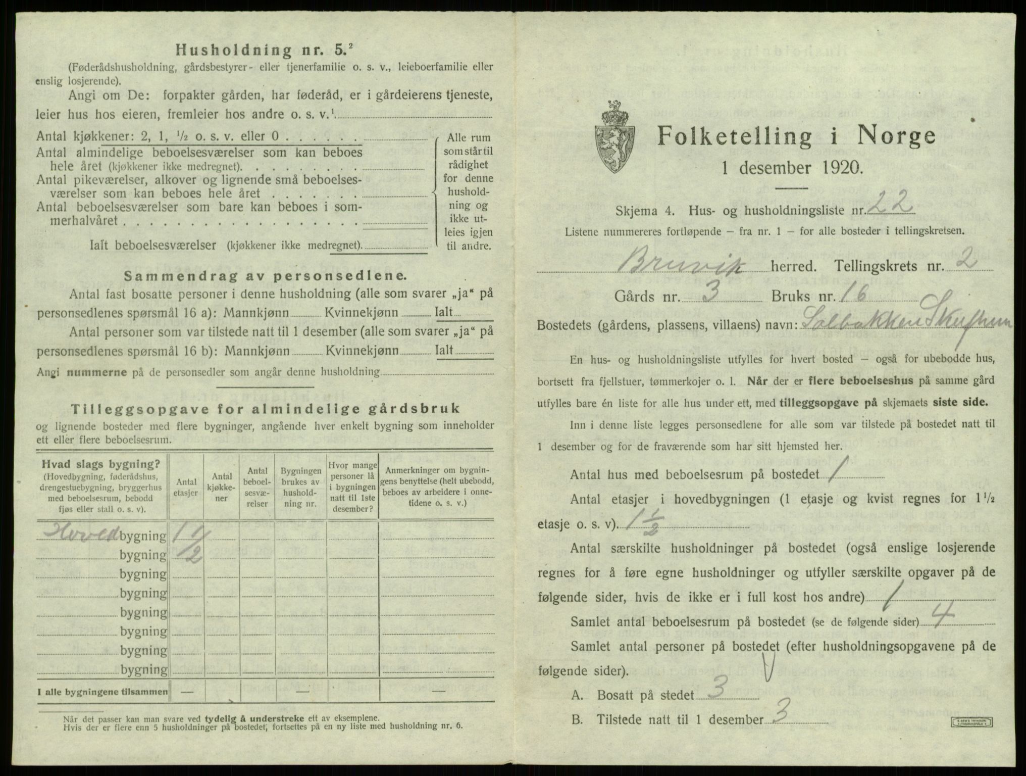 SAB, 1920 census for Bruvik, 1920, p. 140