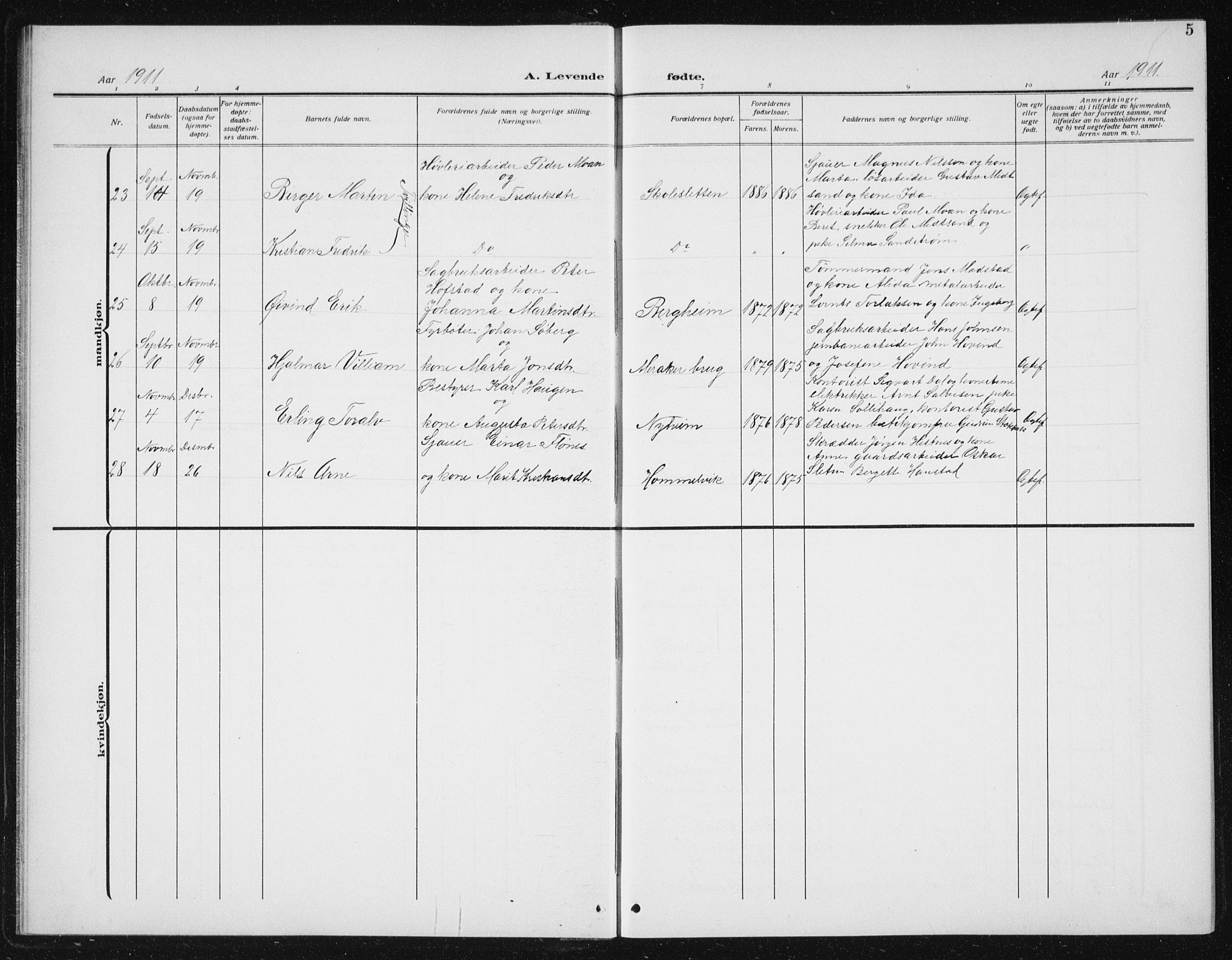 Ministerialprotokoller, klokkerbøker og fødselsregistre - Sør-Trøndelag, SAT/A-1456/617/L0431: Parish register (copy) no. 617C02, 1910-1936, p. 5
