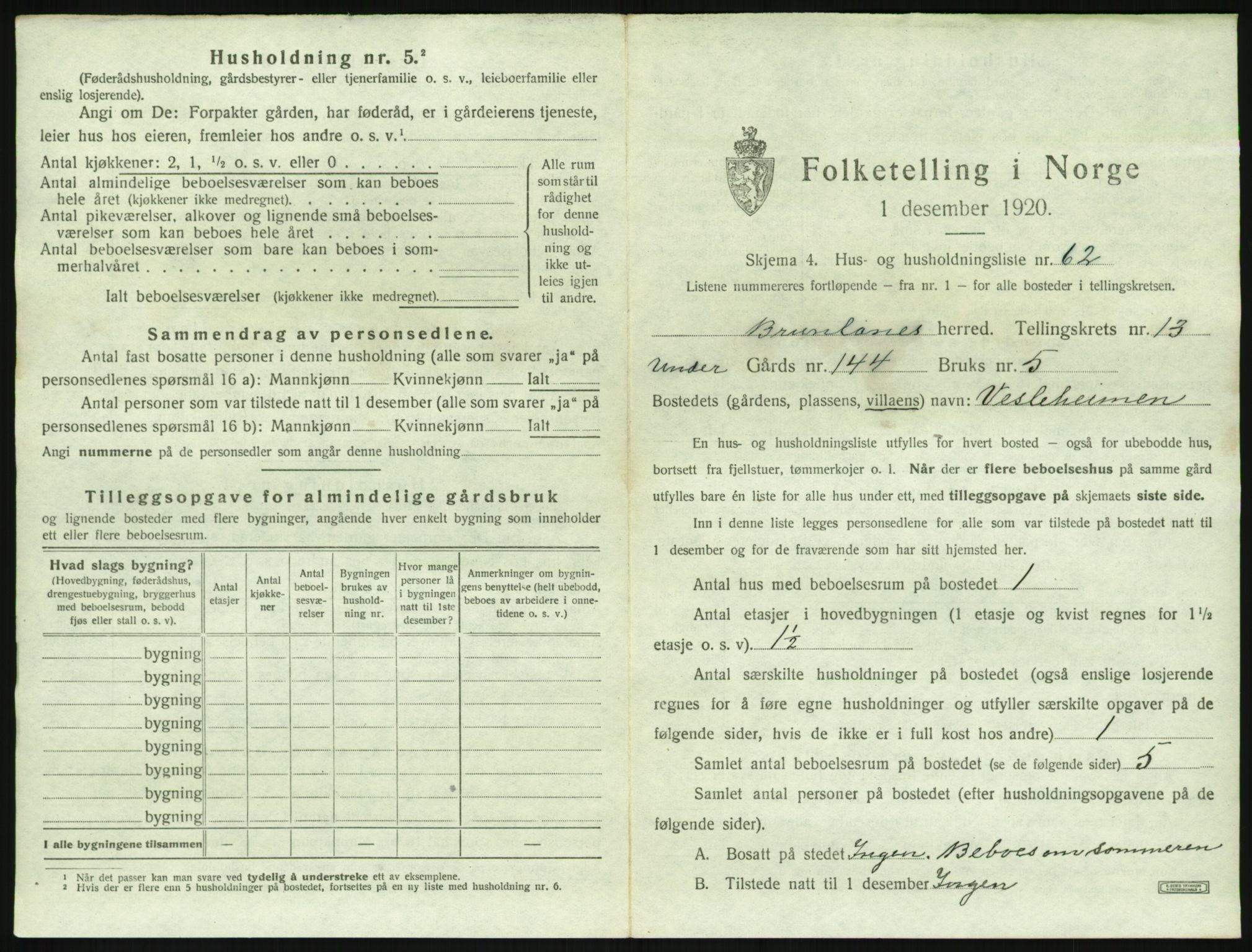 SAKO, 1920 census for Brunlanes, 1920, p. 1873