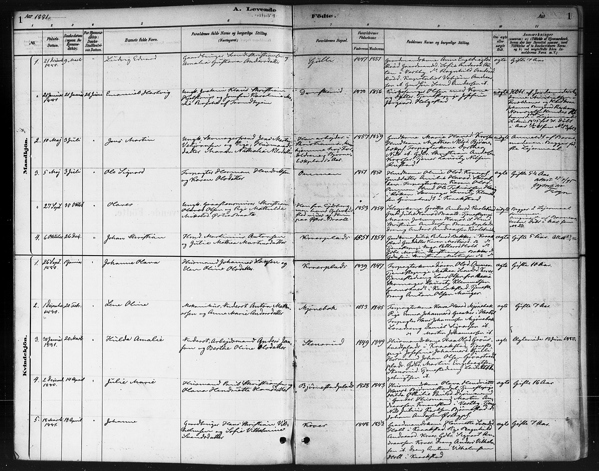 Ås prestekontor Kirkebøker, AV/SAO-A-10894/F/Fc/L0001: Parish register (official) no. III 1, 1881-1891, p. 1