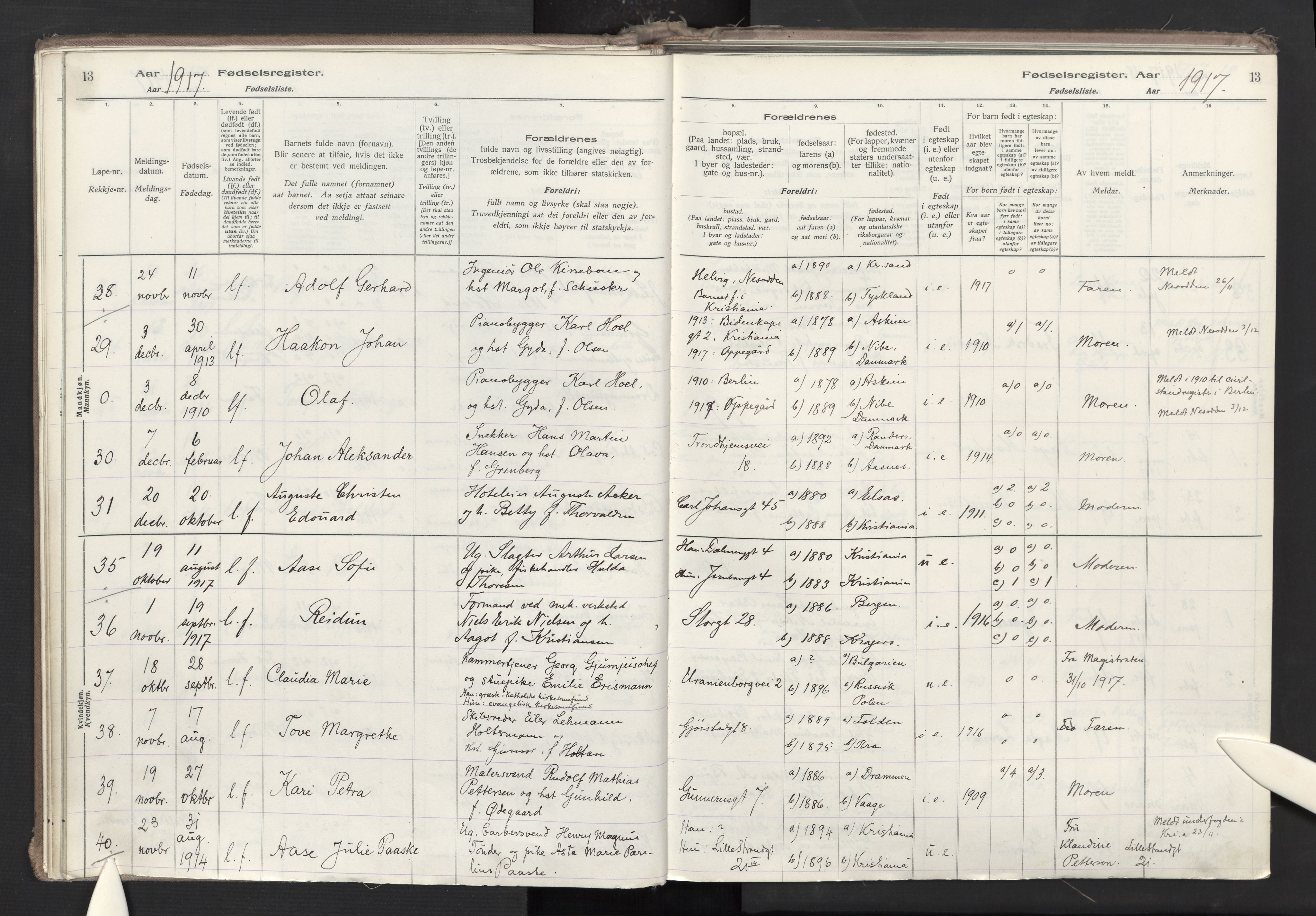 Oslo domkirke Kirkebøker, AV/SAO-A-10752/J/Ja/L0001: Birth register no. 1, 1916-1941, p. 13