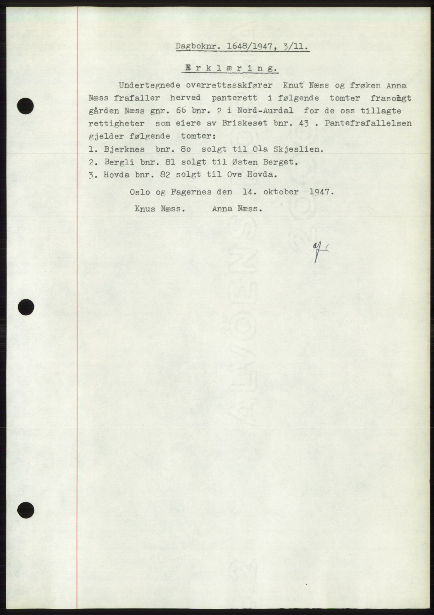 Valdres sorenskriveri, AV/SAH-TING-016/H/Hb/Hbc/L0019: Mortgage book no. B19, 1947-1947, Diary no: : 1648/1947