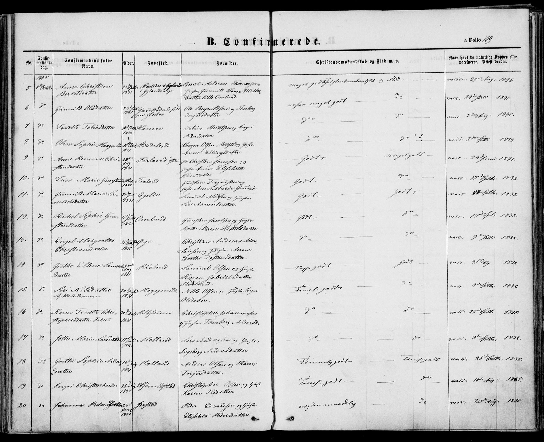 Kvinesdal sokneprestkontor, AV/SAK-1111-0026/F/Fa/Fab/L0005: Parish register (official) no. A 5, 1844-1857, p. 109