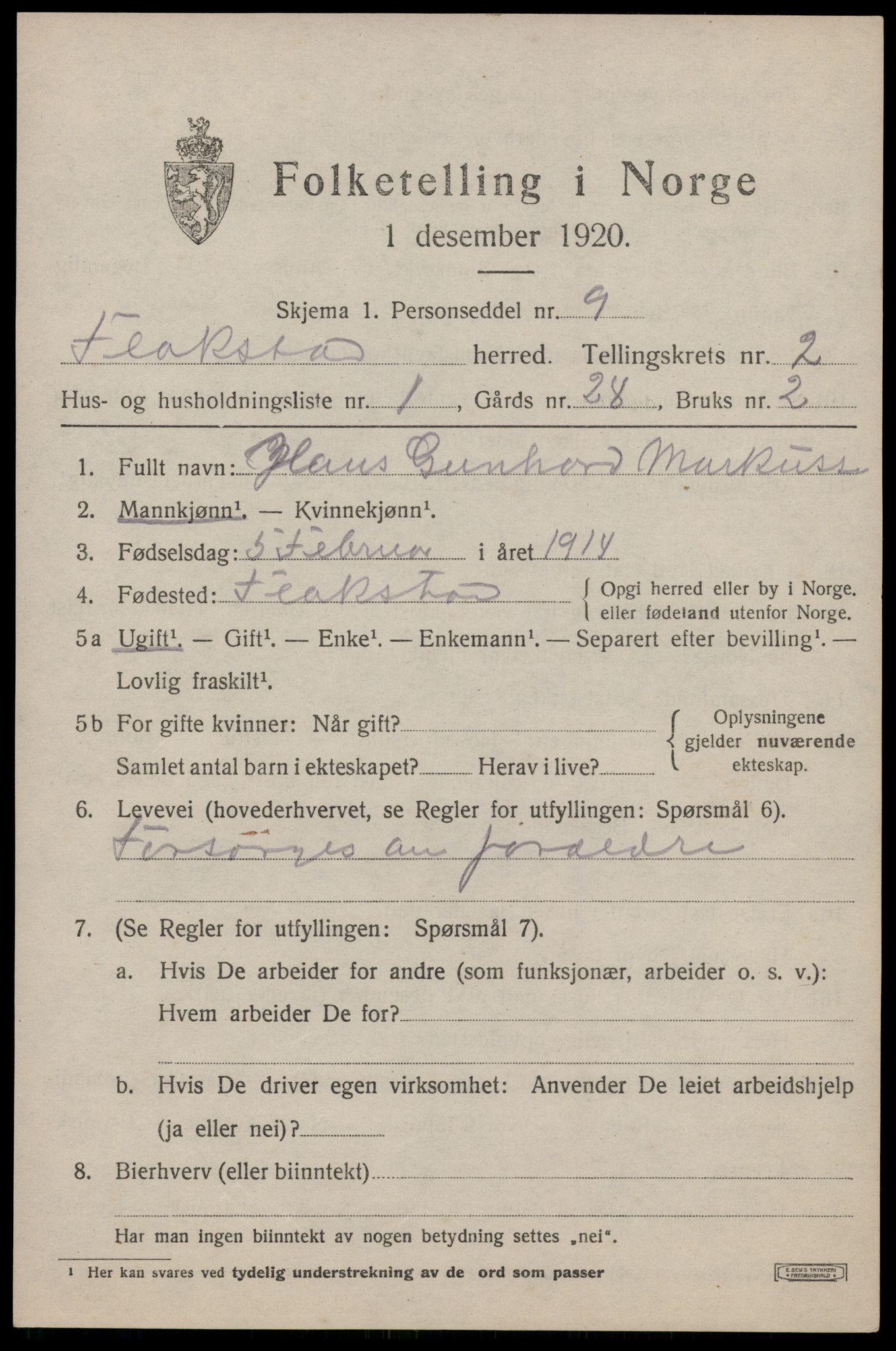 SAT, 1920 census for Flakstad, 1920, p. 1233