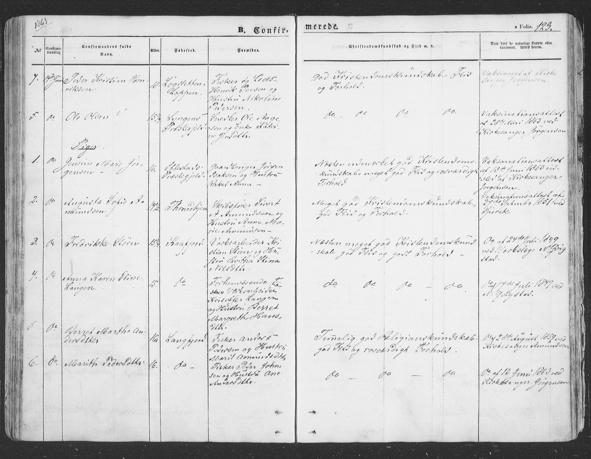 Loppa sokneprestkontor, AV/SATØ-S-1339/H/Ha/L0004kirke: Parish register (official) no. 4, 1849-1868, p. 123