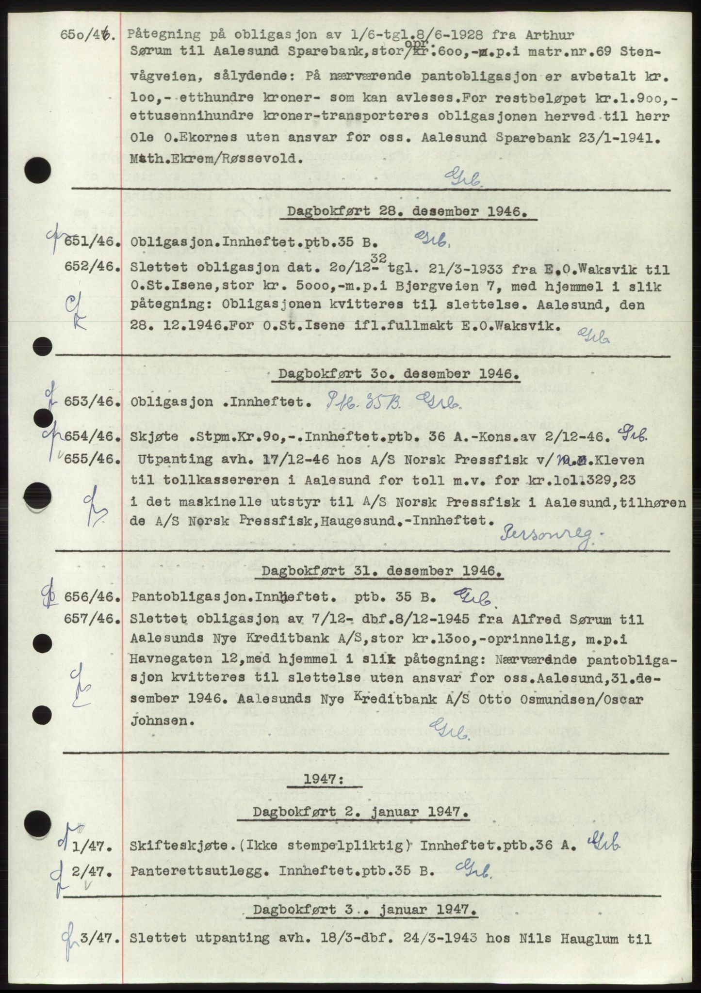 Ålesund byfogd, AV/SAT-A-4384: Mortgage book no. C34-35, 1946-1950, Diary no: : 650/1946