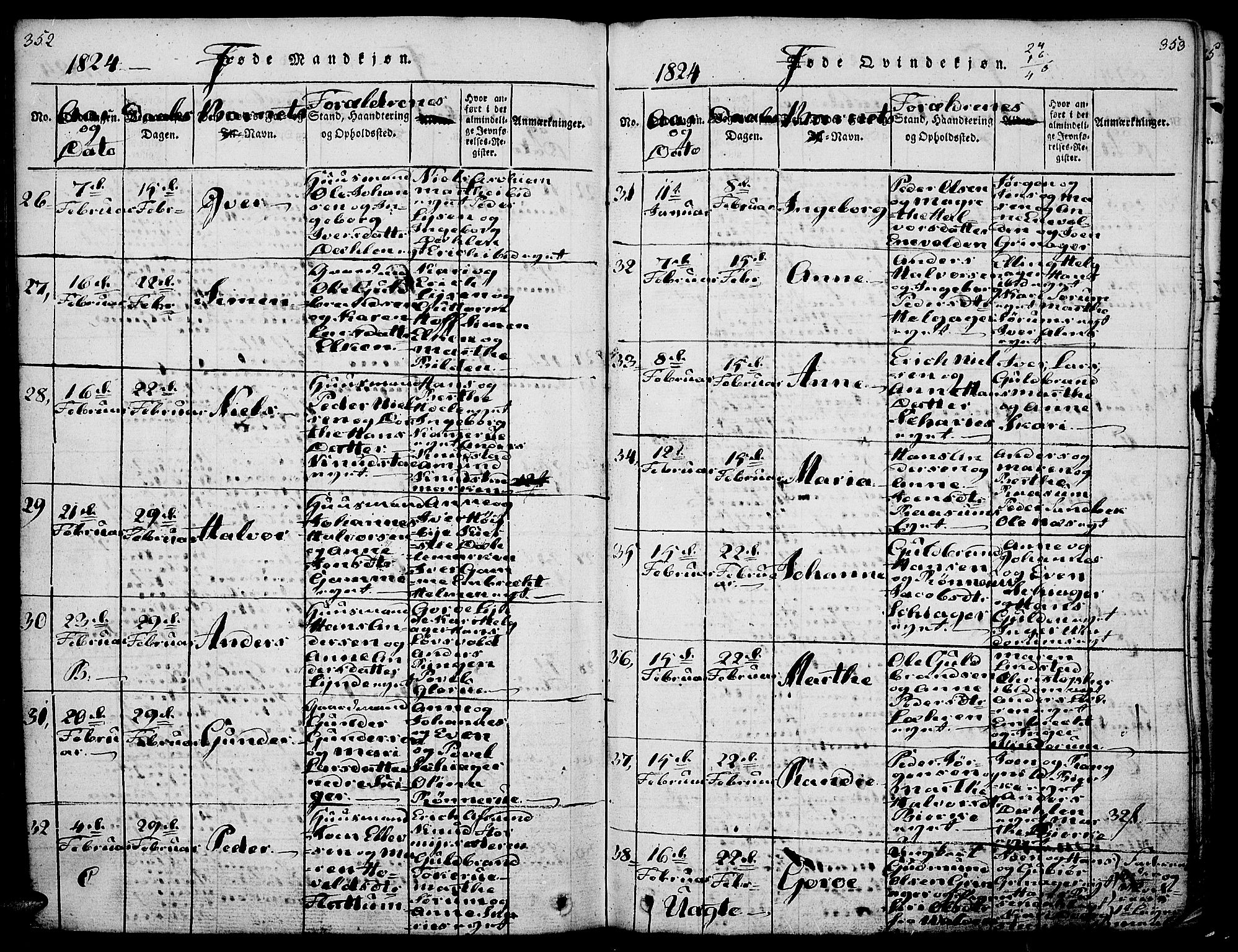 Gran prestekontor, AV/SAH-PREST-112/H/Ha/Haa/L0009: Parish register (official) no. 9, 1815-1824, p. 352-353