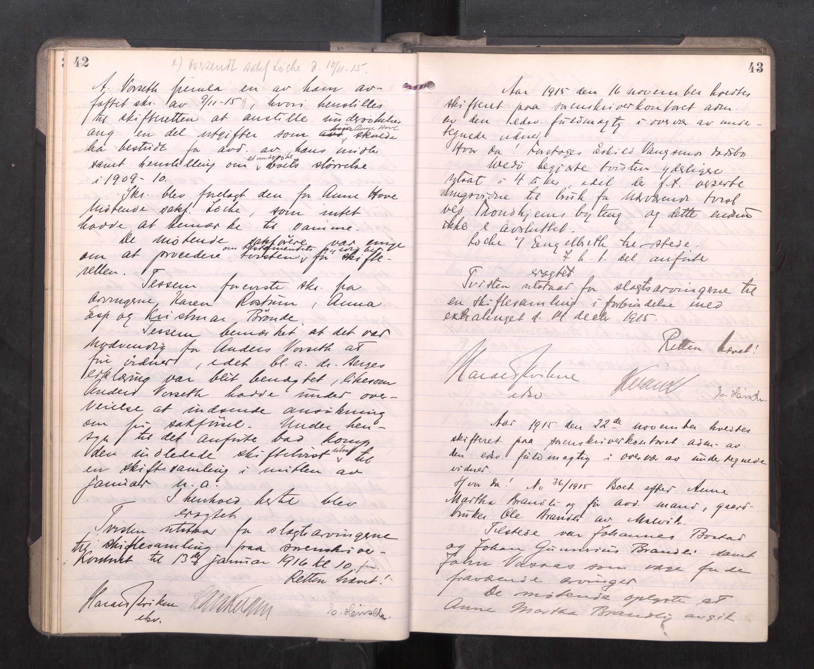 Strinda og Selbu sorenskriveri, AV/SAT-A-0015/3/3B/L0012: Skifteforhandlingsprot. 12, 1915-1919, p. 42-43