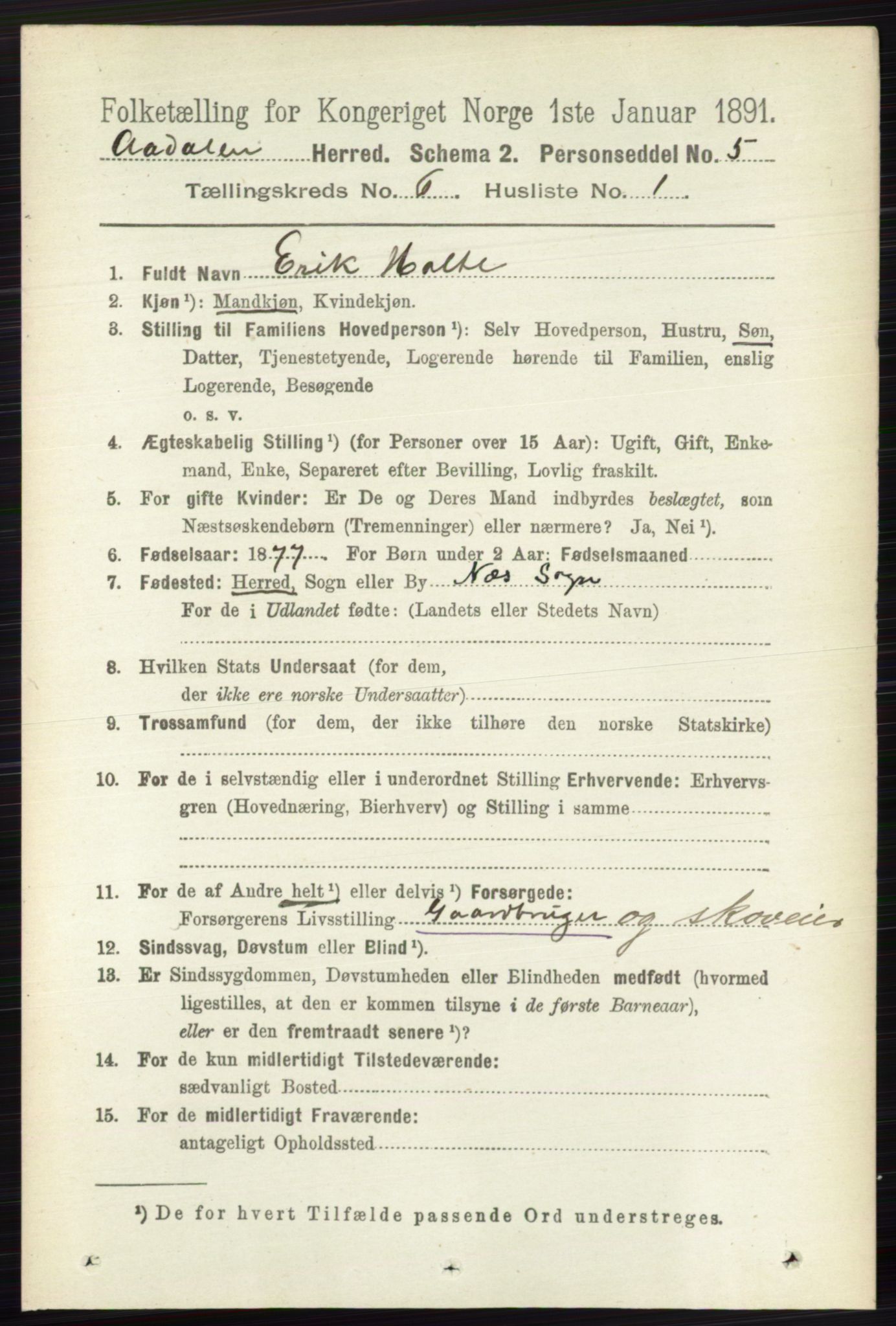 RA, 1891 census for 0614 Ådal, 1891, p. 2611