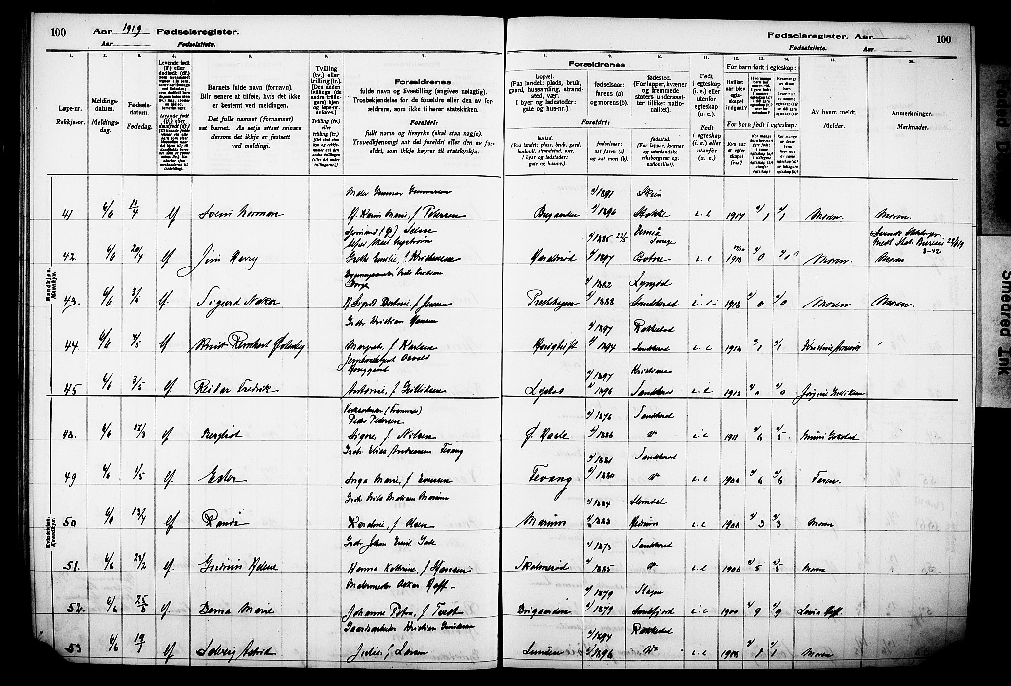 Sandar kirkebøker, AV/SAKO-A-243/J/Ja/L0001: Birth register no. 1, 1916-1922, p. 100