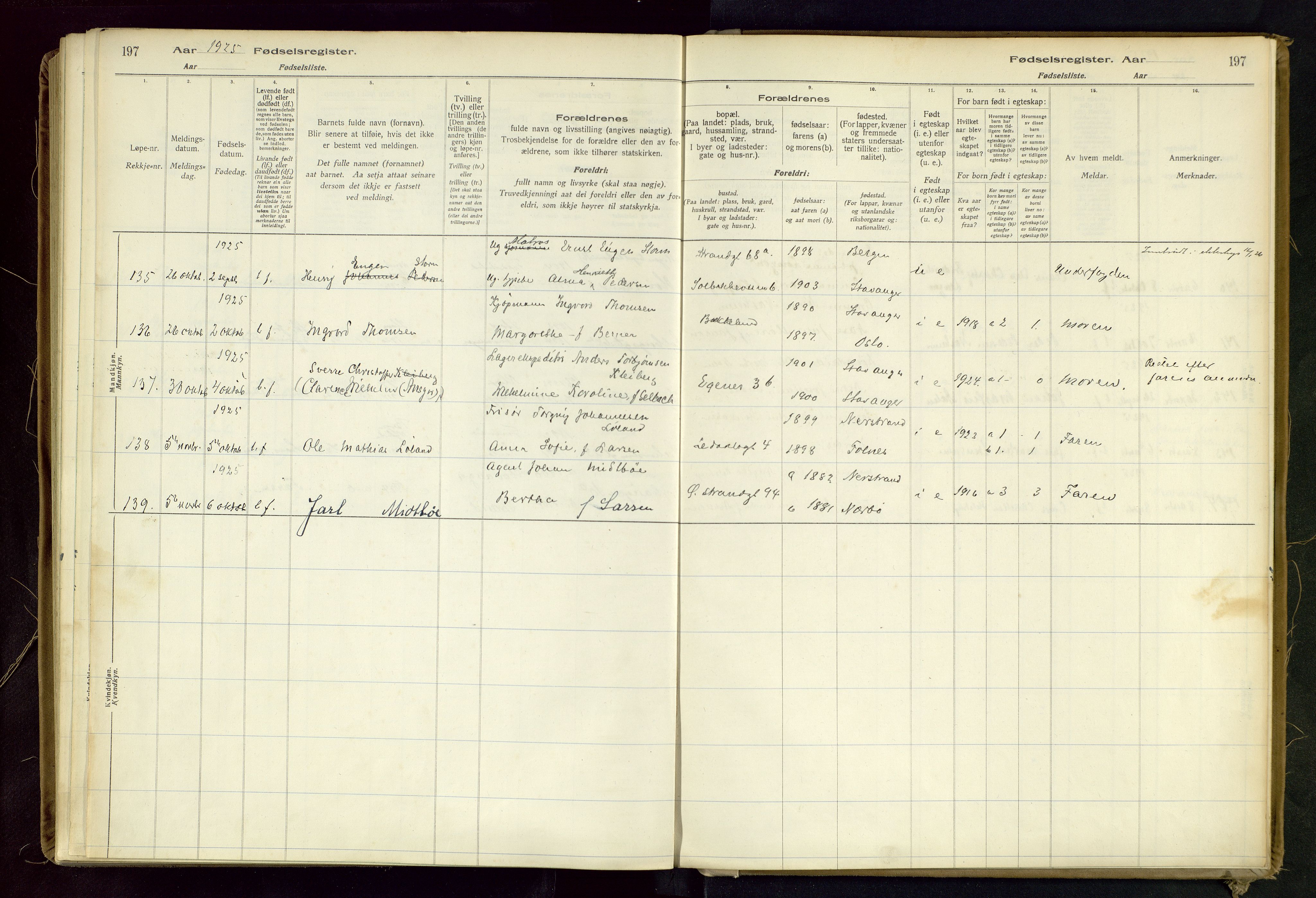 Domkirken sokneprestkontor, AV/SAST-A-101812/002/B/L0002: Birth register no. 2, 1920-1925, p. 197