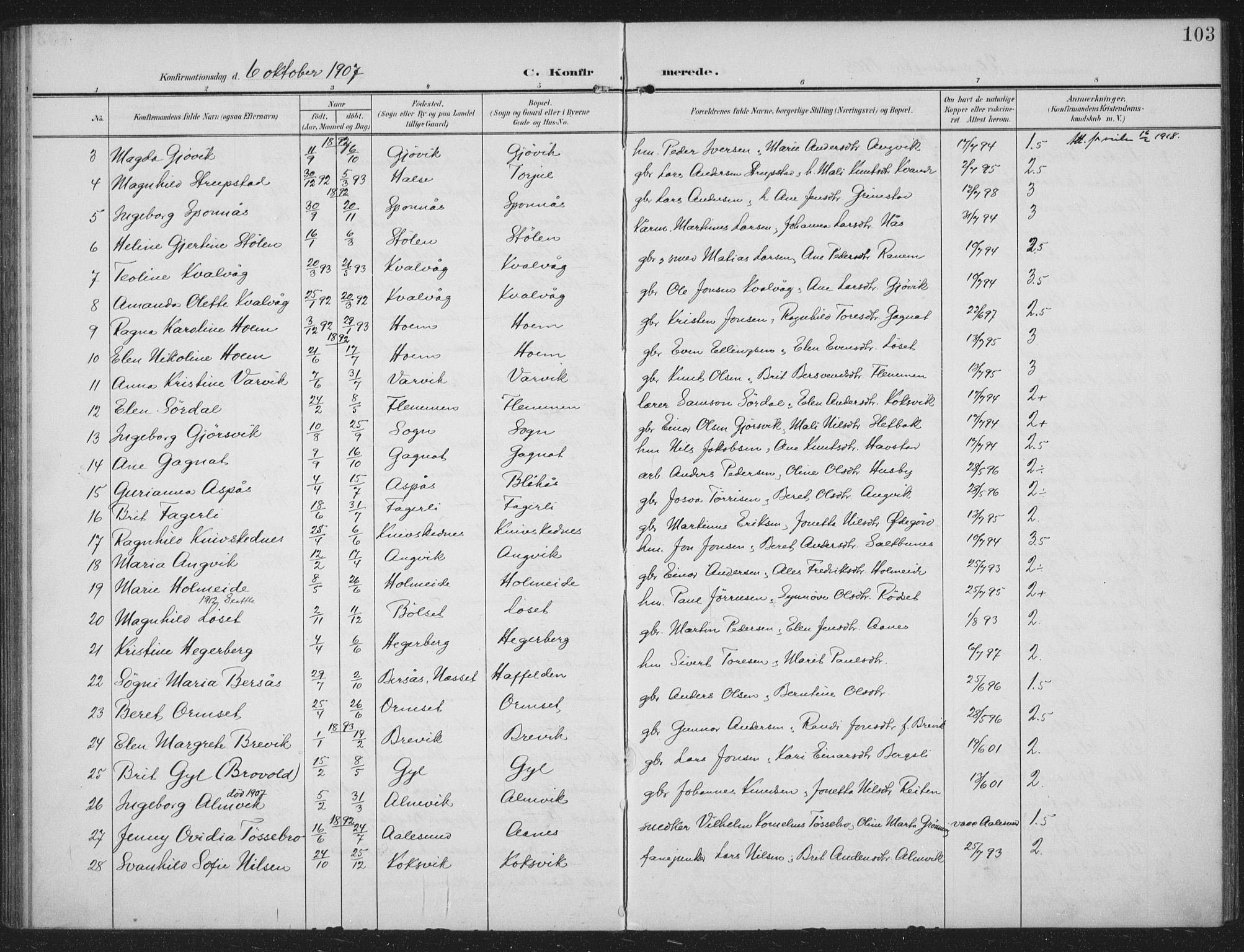 Ministerialprotokoller, klokkerbøker og fødselsregistre - Møre og Romsdal, AV/SAT-A-1454/586/L0989: Parish register (official) no. 586A15, 1906-1915, p. 103