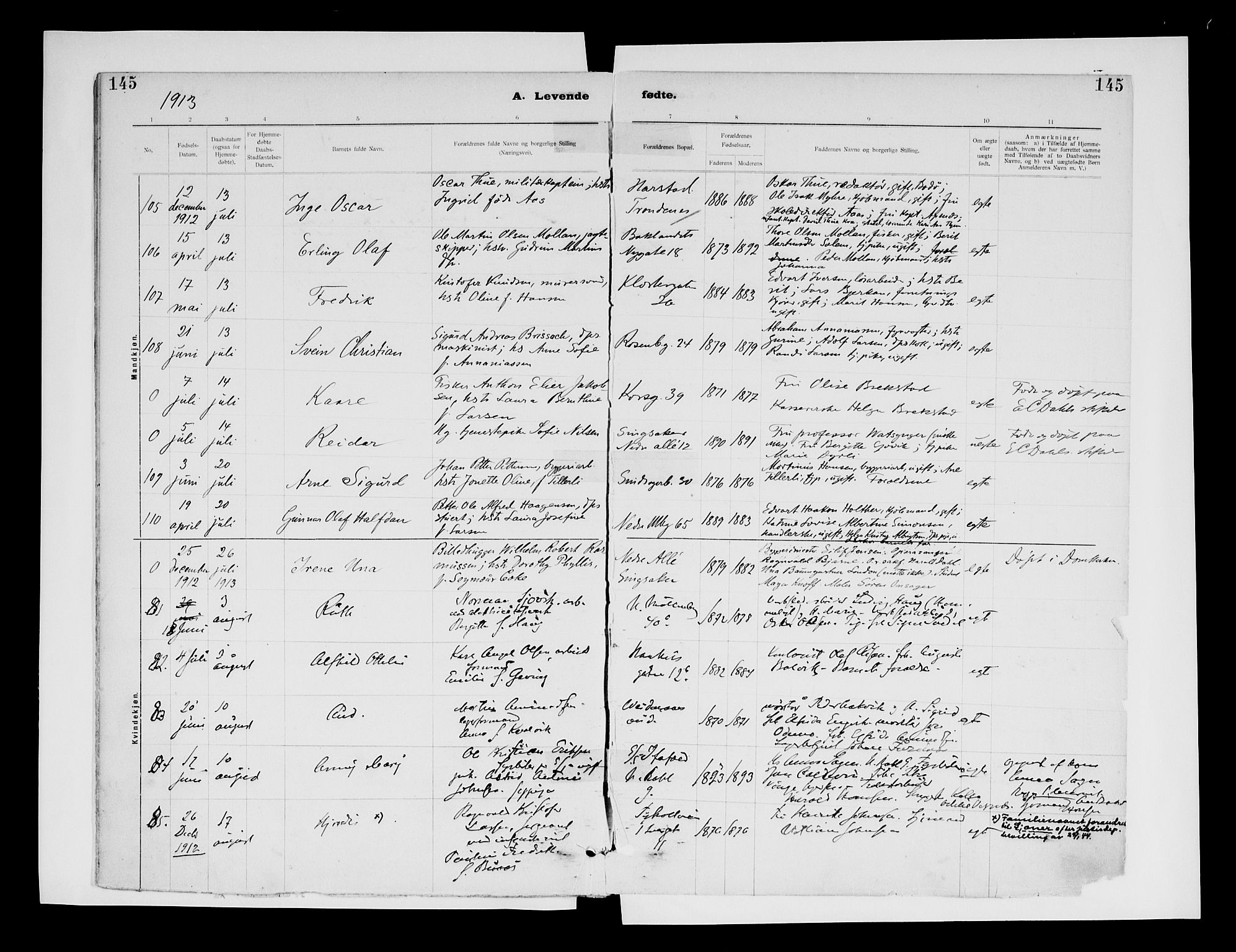 Ministerialprotokoller, klokkerbøker og fødselsregistre - Sør-Trøndelag, SAT/A-1456/604/L0203: Parish register (official) no. 604A23, 1908-1916, p. 145
