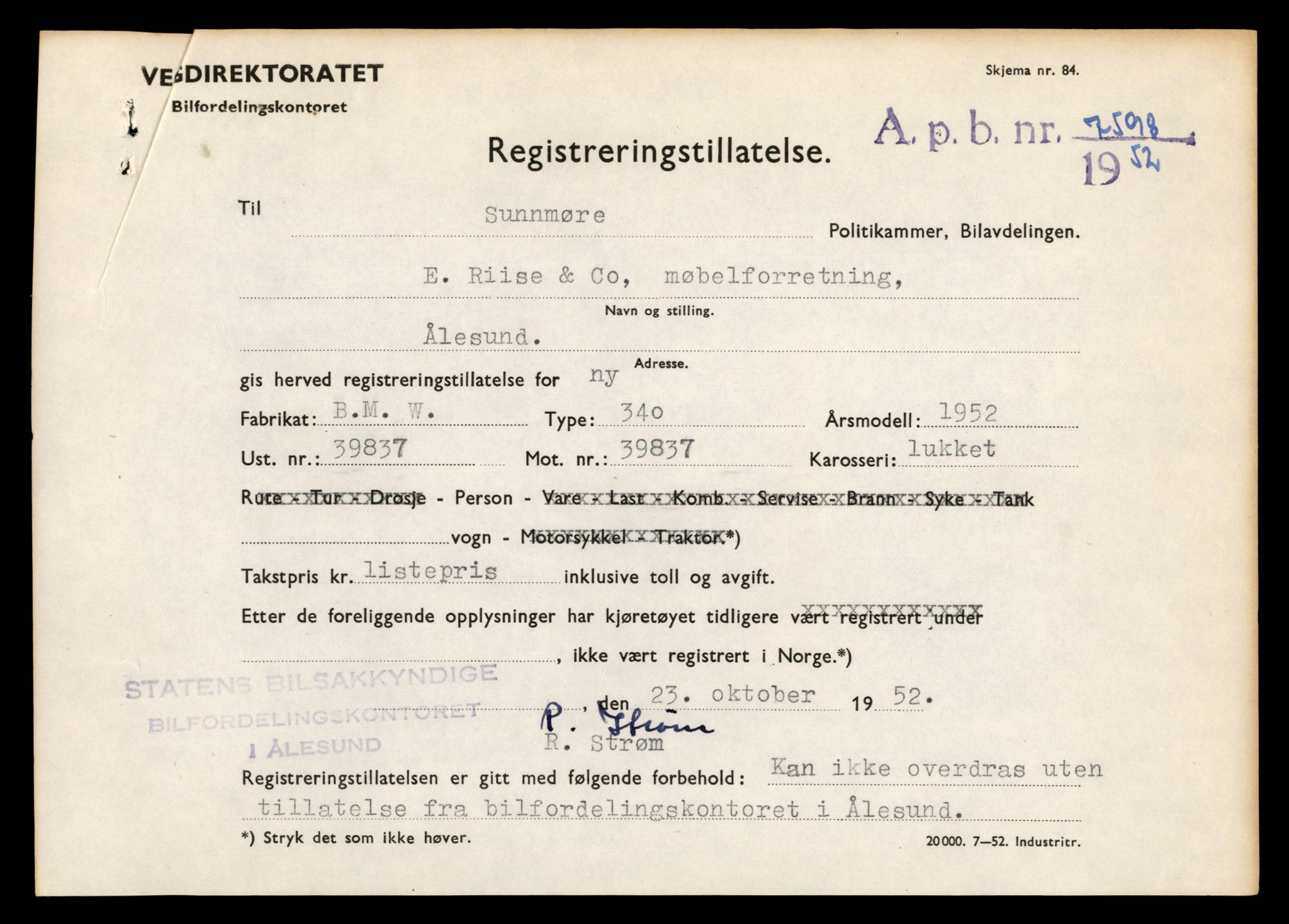 Møre og Romsdal vegkontor - Ålesund trafikkstasjon, AV/SAT-A-4099/F/Fe/L0003: Registreringskort for kjøretøy T 232 - T 340, 1927-1998, p. 163