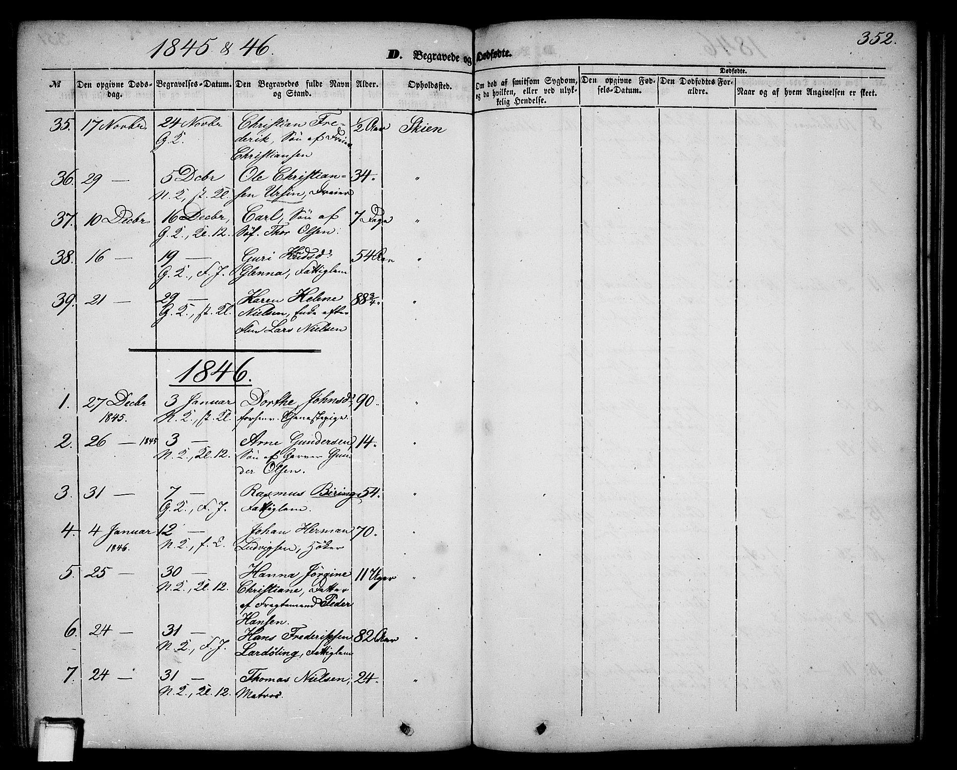 Skien kirkebøker, SAKO/A-302/G/Ga/L0004: Parish register (copy) no. 4, 1843-1867, p. 352