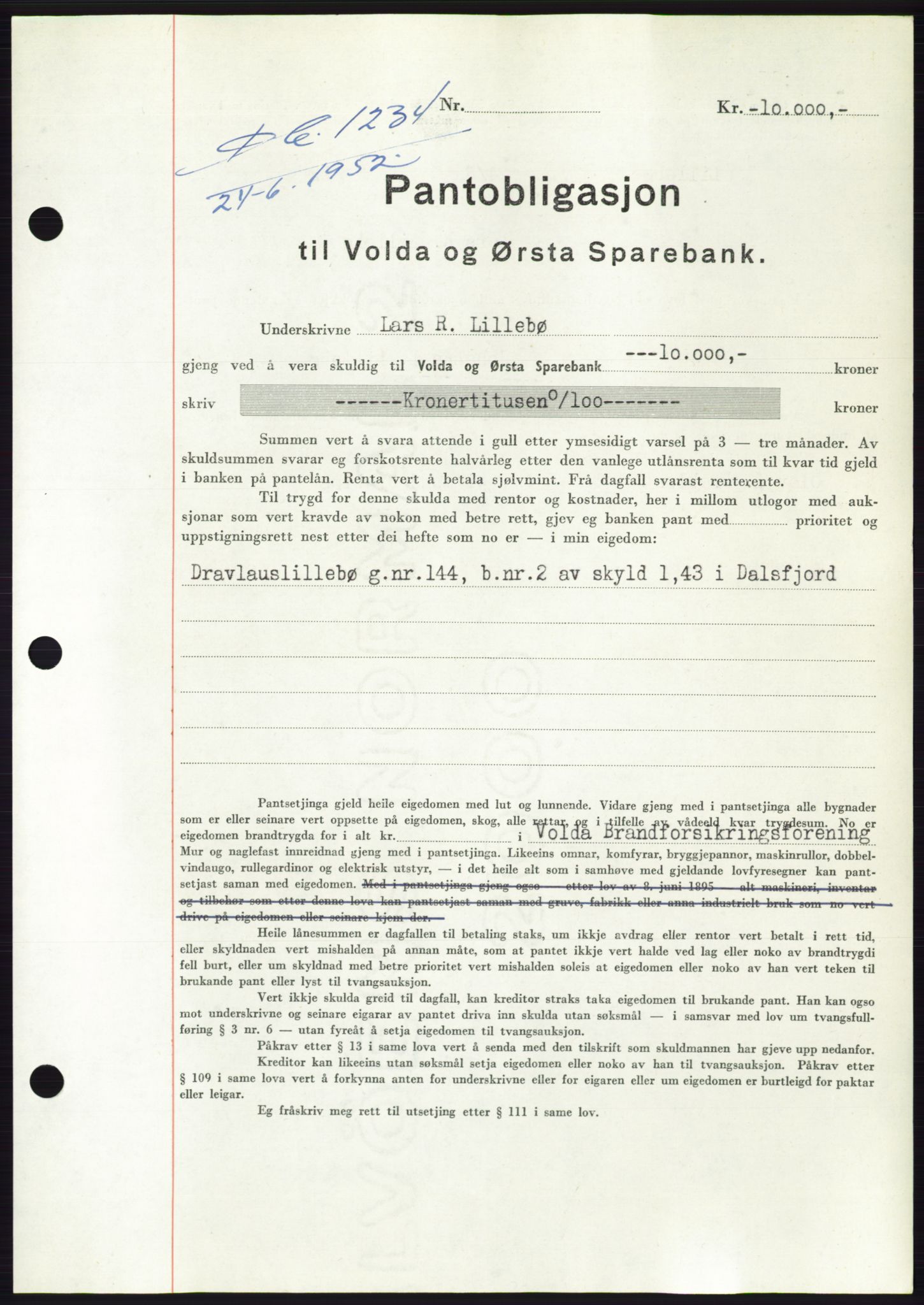 Søre Sunnmøre sorenskriveri, AV/SAT-A-4122/1/2/2C/L0121: Mortgage book no. 9B, 1951-1952, Diary no: : 1234/1952