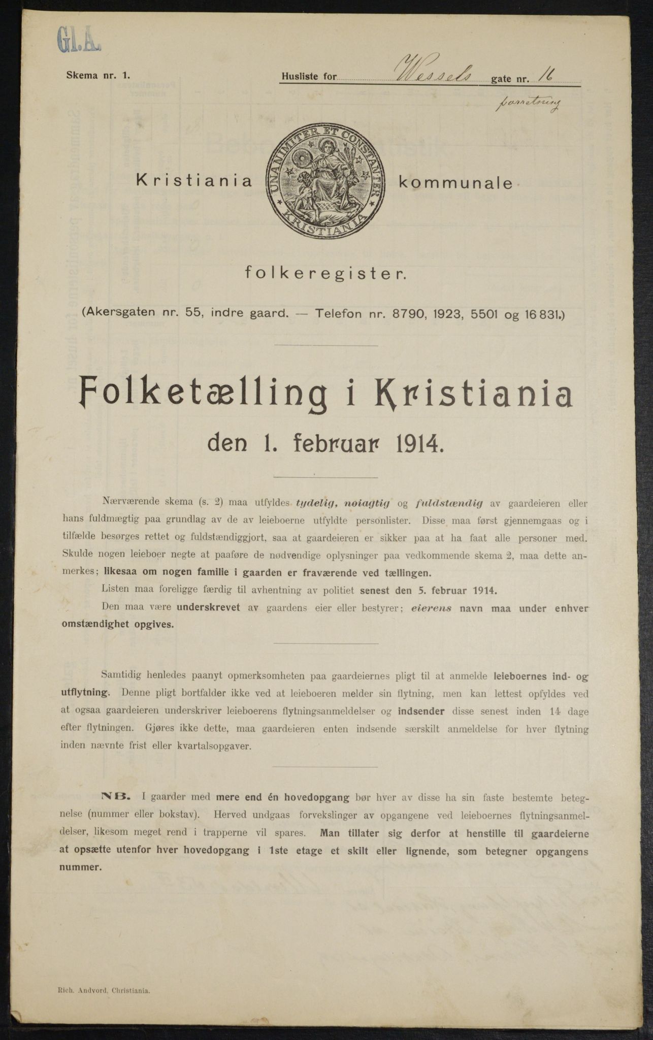 OBA, Municipal Census 1914 for Kristiania, 1914, p. 129185