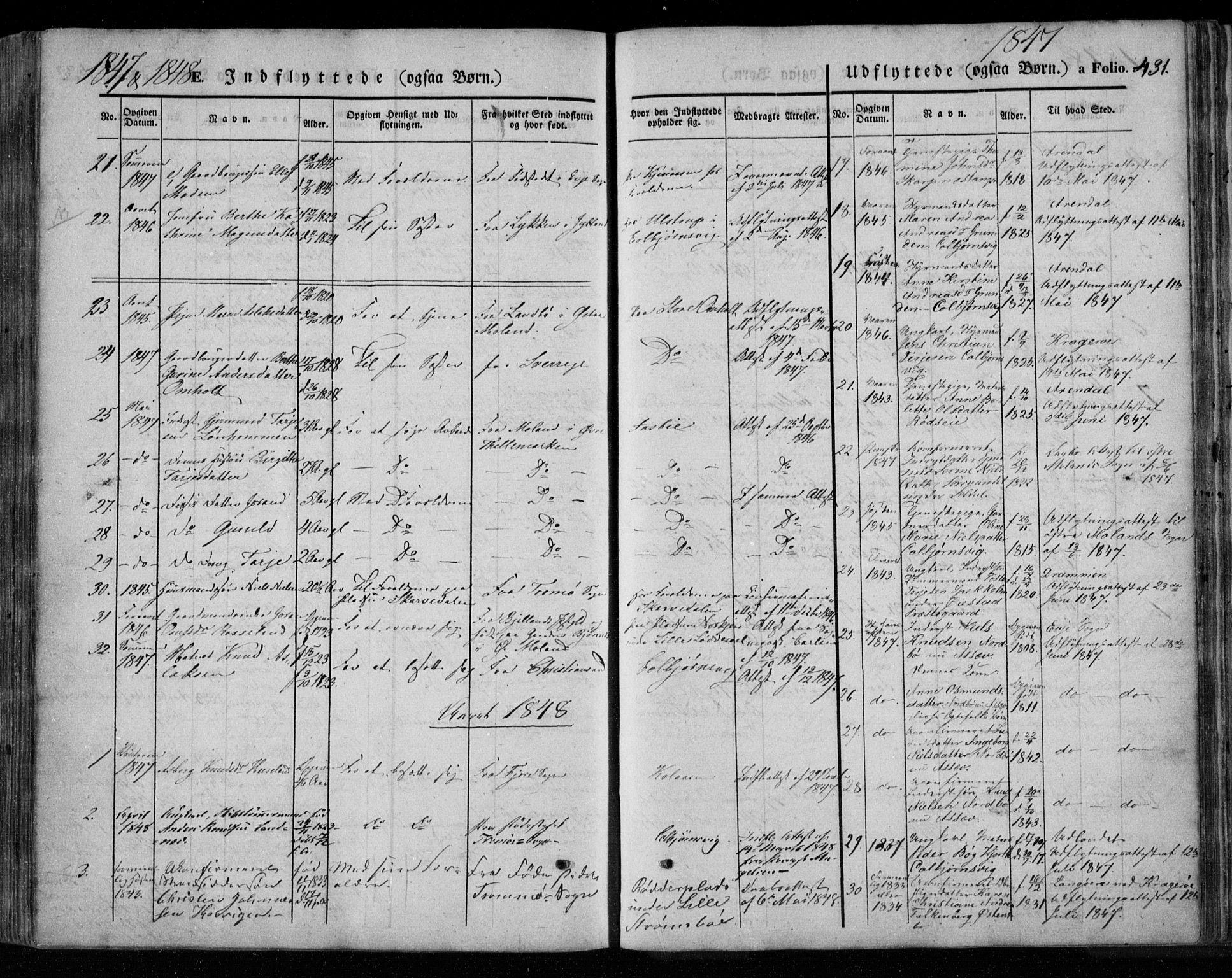 Øyestad sokneprestkontor, AV/SAK-1111-0049/F/Fa/L0014: Parish register (official) no. A 14, 1843-1856, p. 431