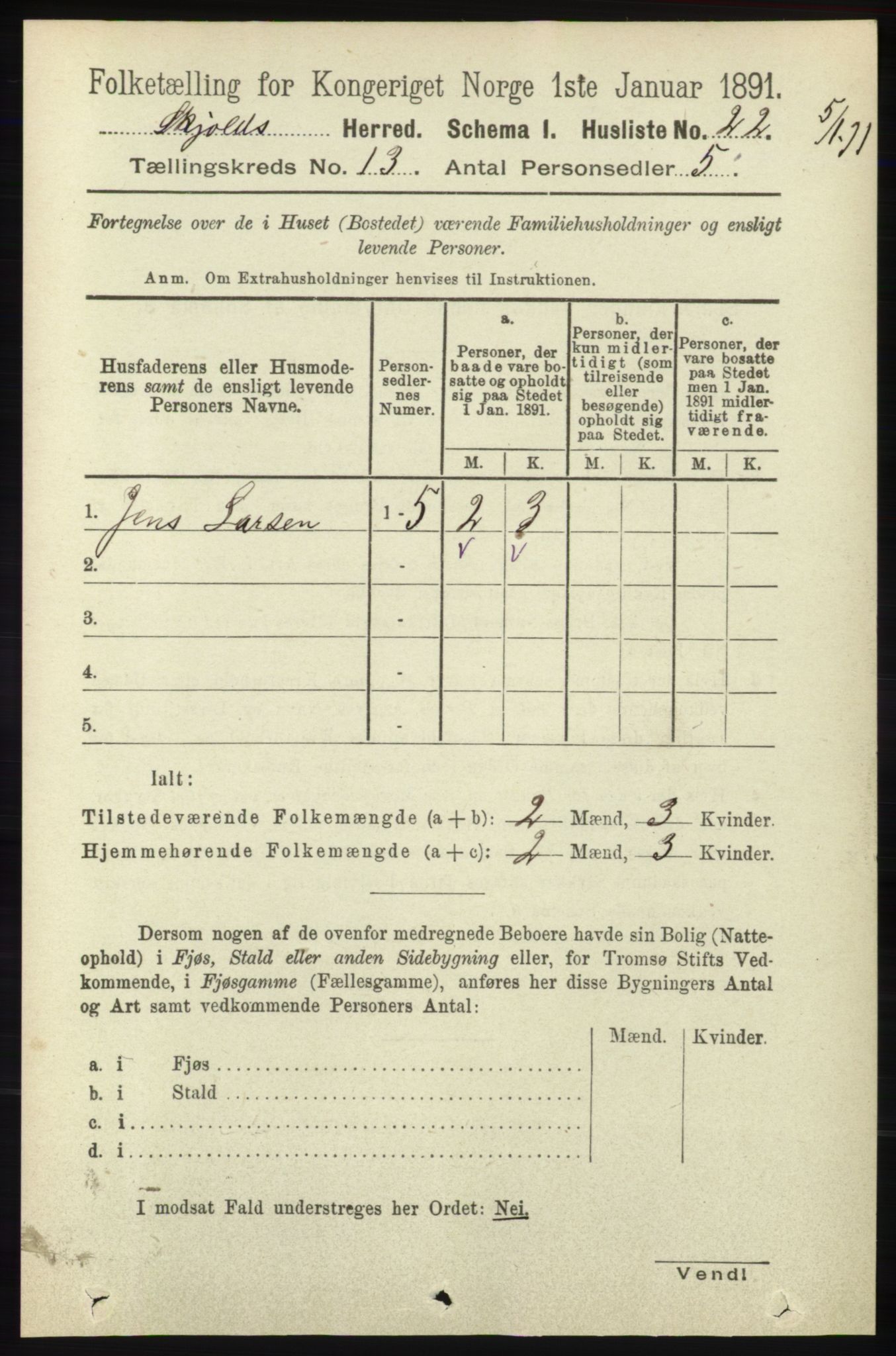 RA, 1891 census for 1154 Skjold, 1891, p. 2392