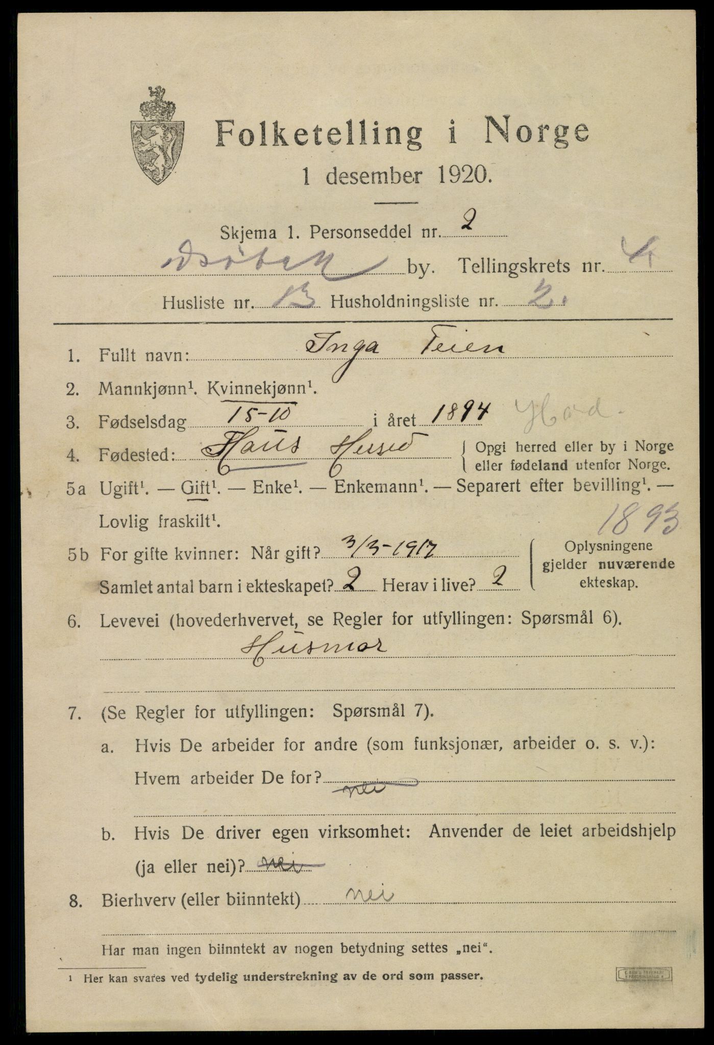 SAO, 1920 census for Drøbak, 1920, p. 4229