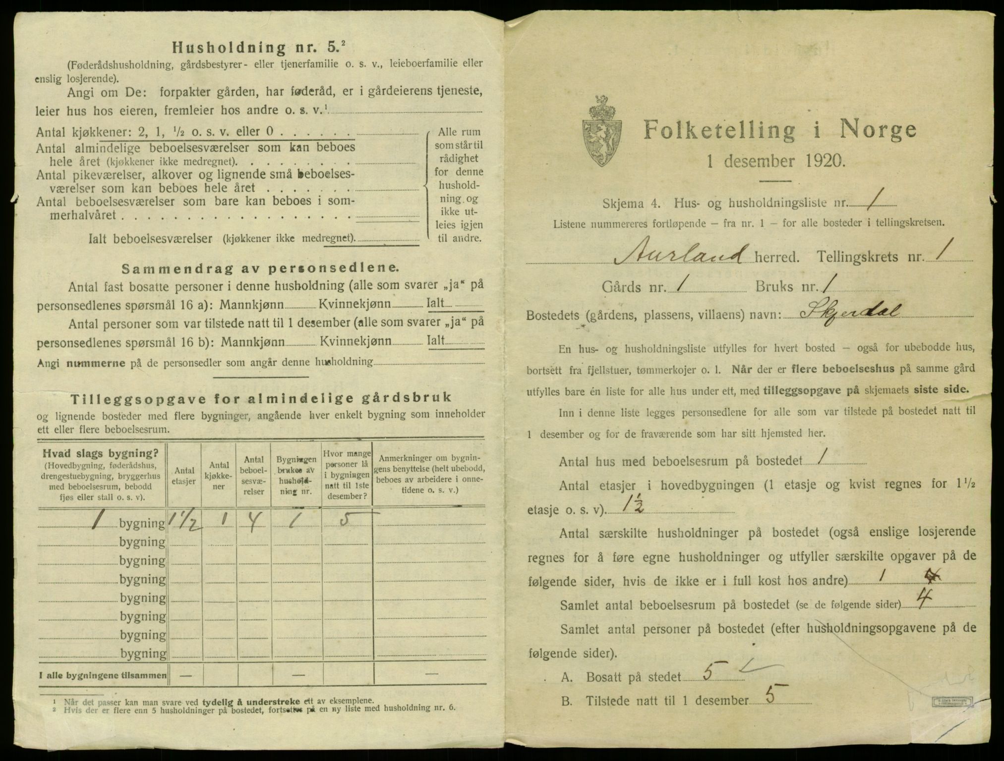 SAB, 1920 census for Aurland, 1920, p. 39
