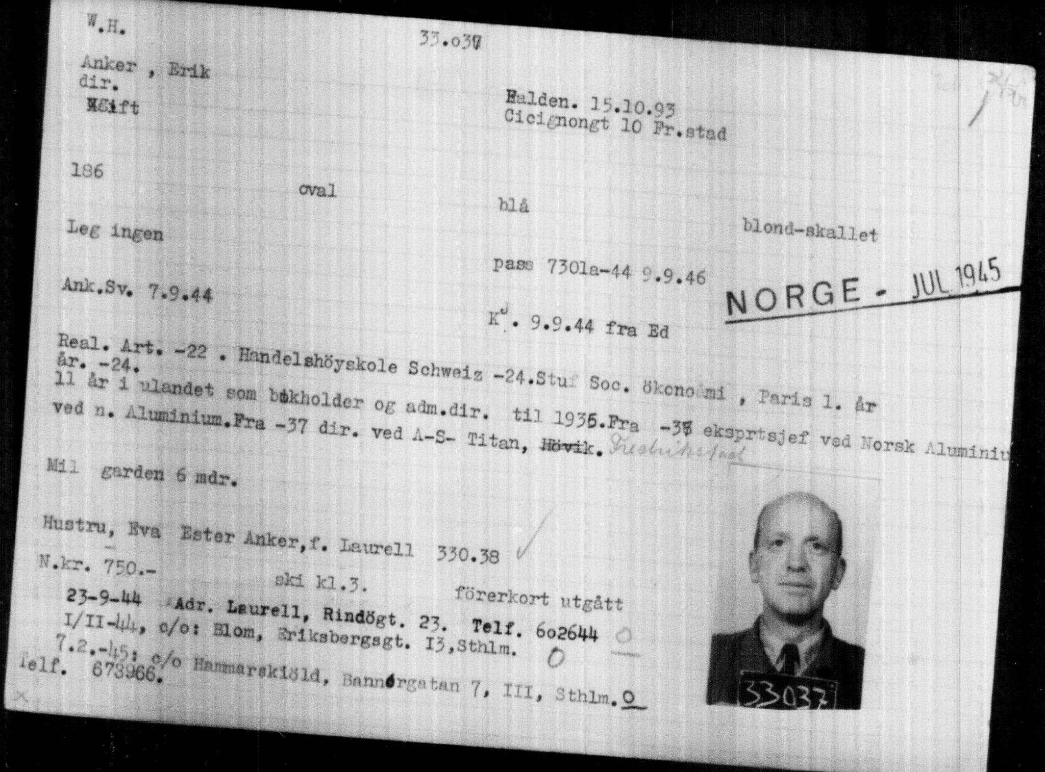 Utenriksstasjonene, Legasjonen i Stockholm, Flyktningkontoret, AV/RA-S-6753/V/Va/L0013: Kjesäterkartoteket, flyktninger med registreringsnr. 31500-34731, 1940-1945, p. 1611
