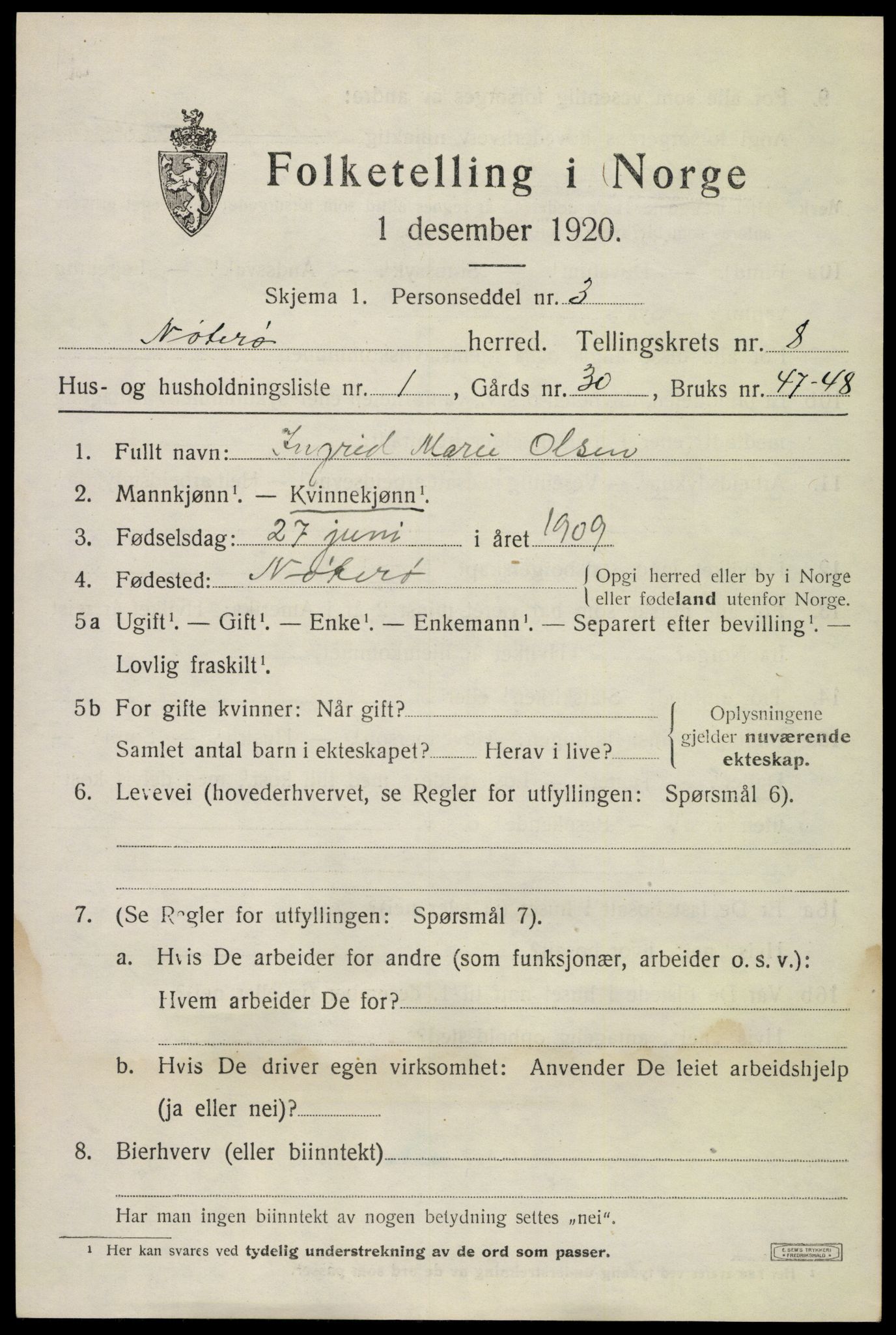 SAKO, 1920 census for Nøtterøy, 1920, p. 10411