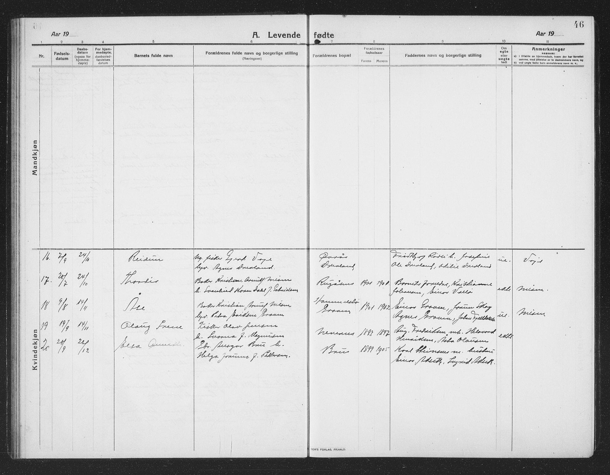 Ministerialprotokoller, klokkerbøker og fødselsregistre - Nordland, AV/SAT-A-1459/814/L0231: Parish register (copy) no. 814C04, 1912-1926, p. 46