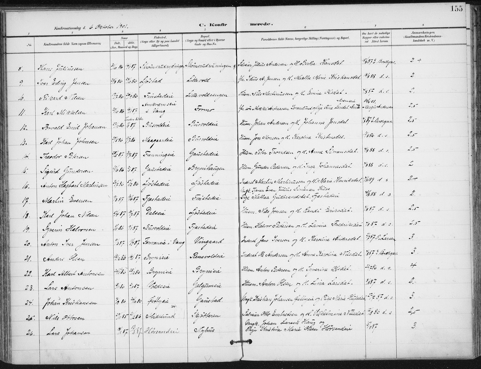 Romedal prestekontor, SAH/PREST-004/K/L0011: Parish register (official) no. 11, 1896-1912, p. 155