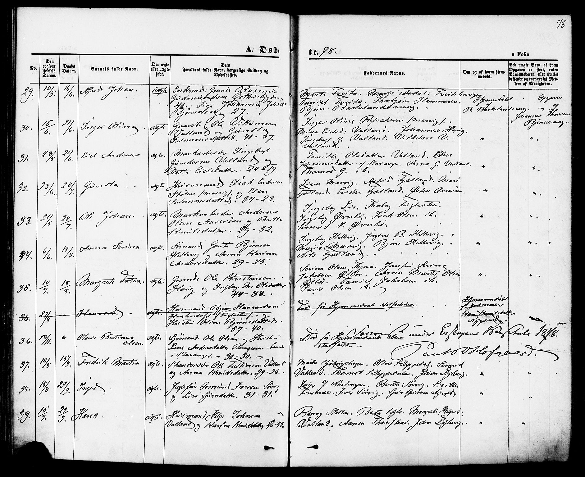 Jelsa sokneprestkontor, AV/SAST-A-101842/01/IV: Parish register (official) no. A 8, 1867-1883, p. 78