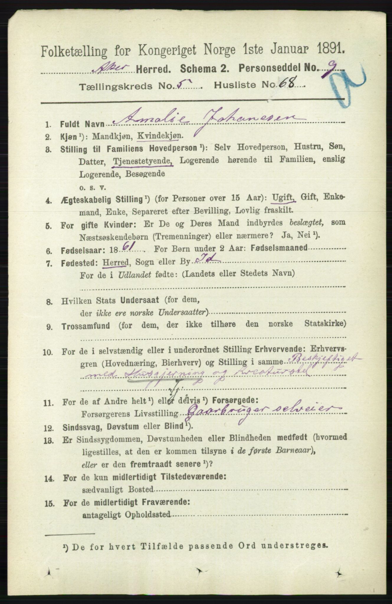 RA, 1891 census for 0218 Aker, 1891, p. 5399