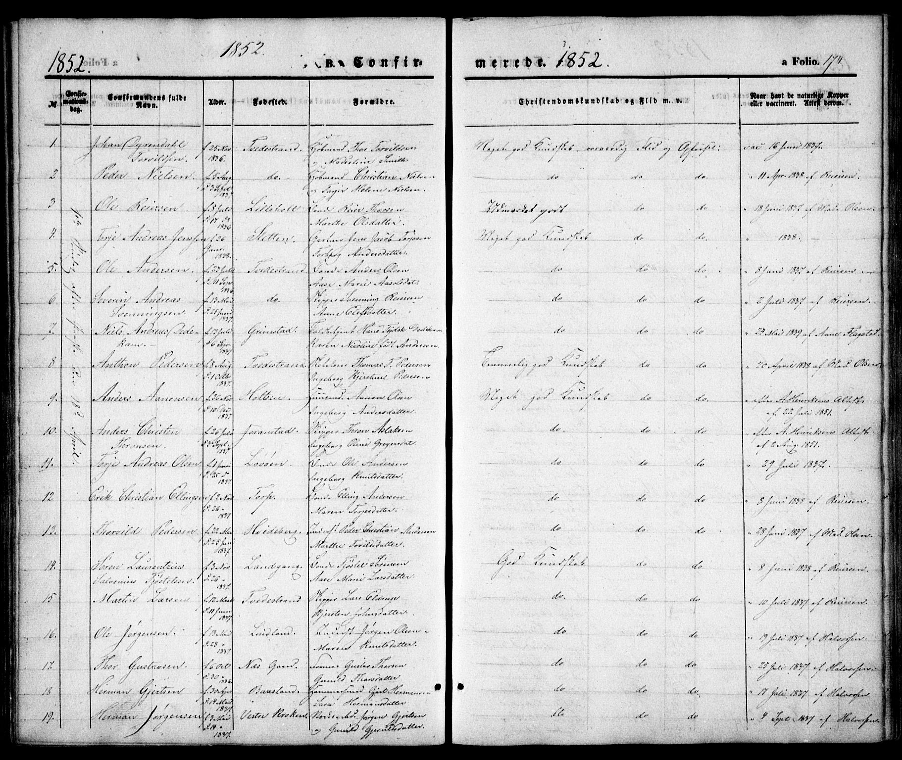 Holt sokneprestkontor, SAK/1111-0021/F/Fa/L0008: Parish register (official) no. A 8, 1849-1860, p. 174