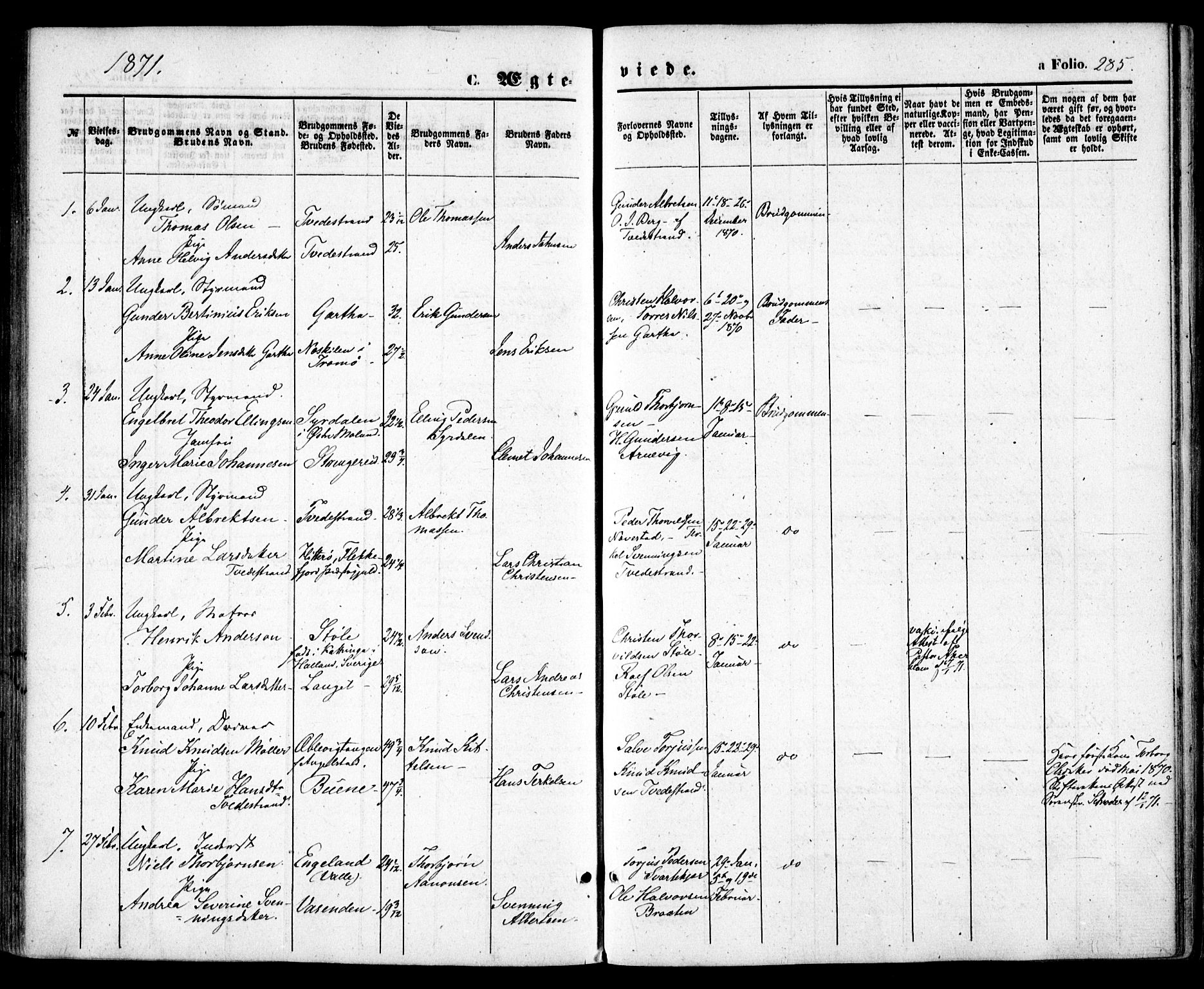 Holt sokneprestkontor, AV/SAK-1111-0021/F/Fa/L0009: Parish register (official) no. A 9, 1861-1871, p. 285