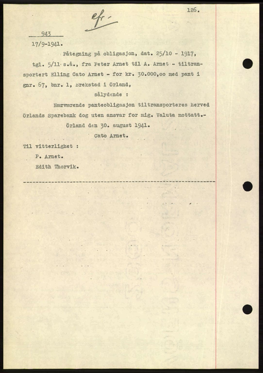 Fosen sorenskriveri, AV/SAT-A-1107/1/2/2C: Mortgage book no. 84-85, 1941-1942, Diary no: : 943/1941