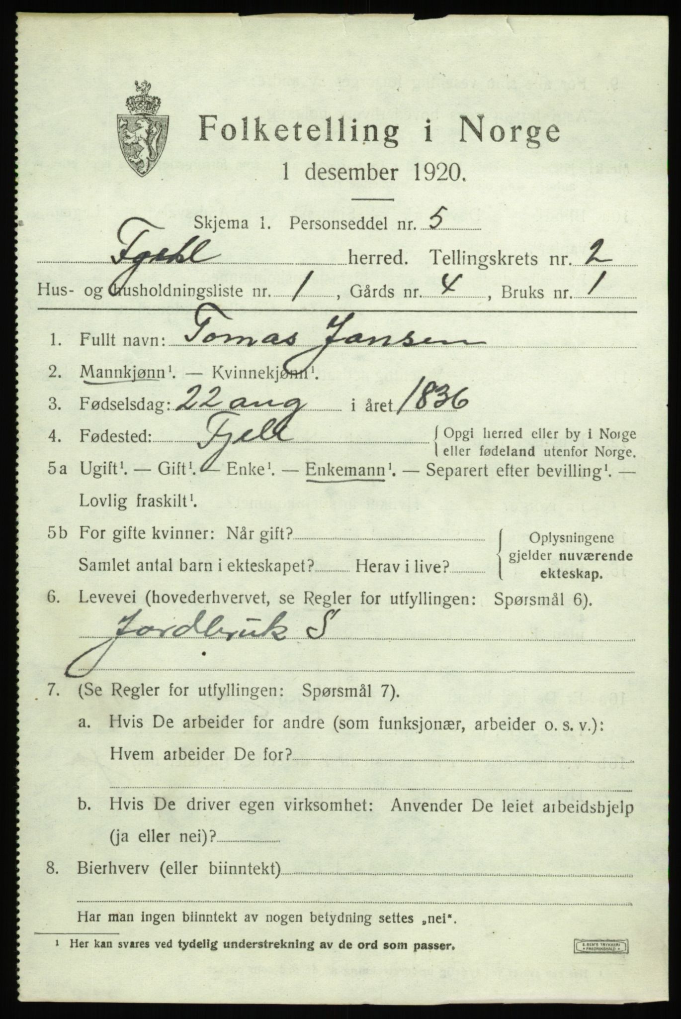 SAB, 1920 census for Fjell, 1920, p. 2260