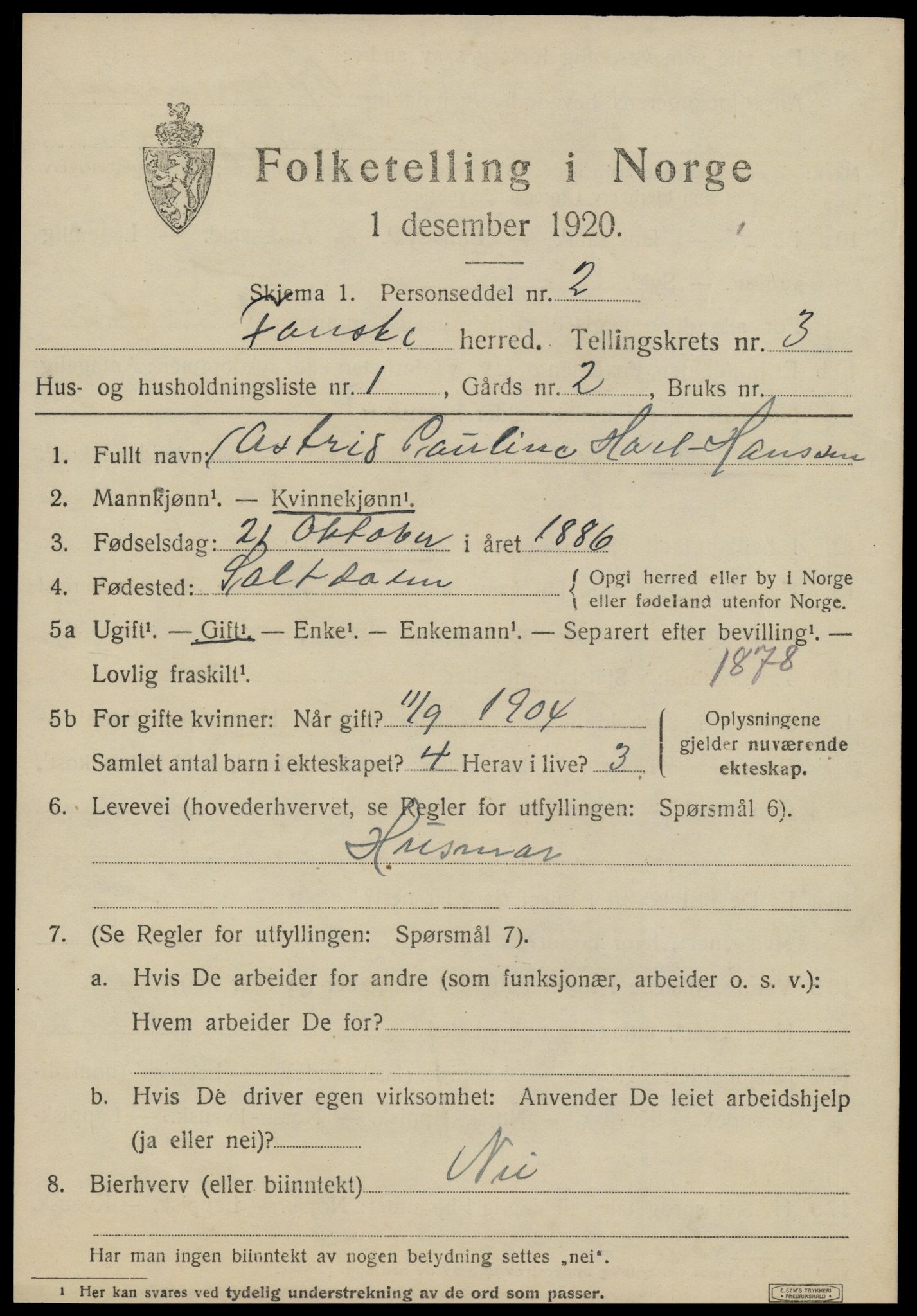 SAT, 1920 census for Fauske, 1920, p. 3486