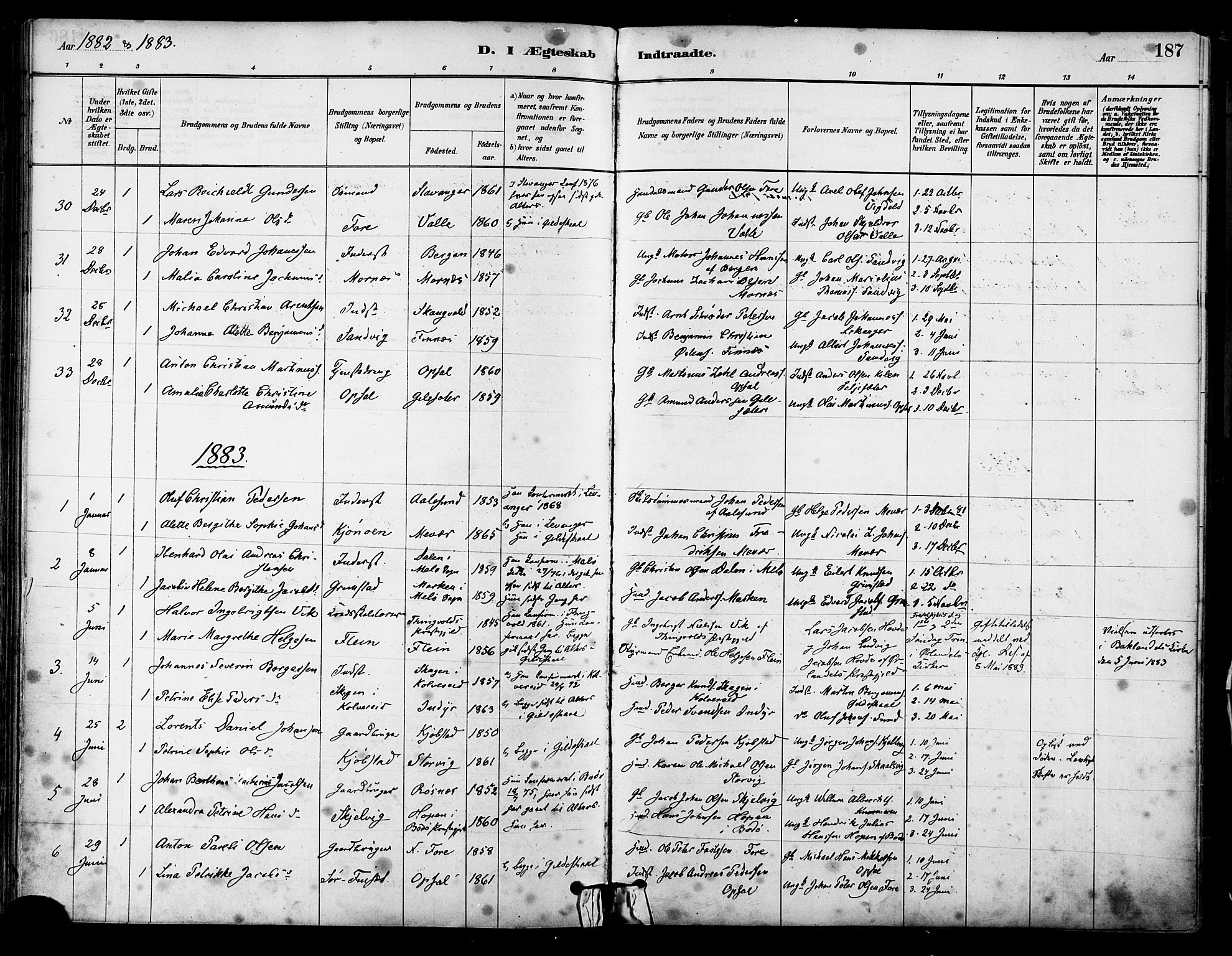 Ministerialprotokoller, klokkerbøker og fødselsregistre - Nordland, AV/SAT-A-1459/805/L0099: Parish register (official) no. 805A06, 1880-1891, p. 187