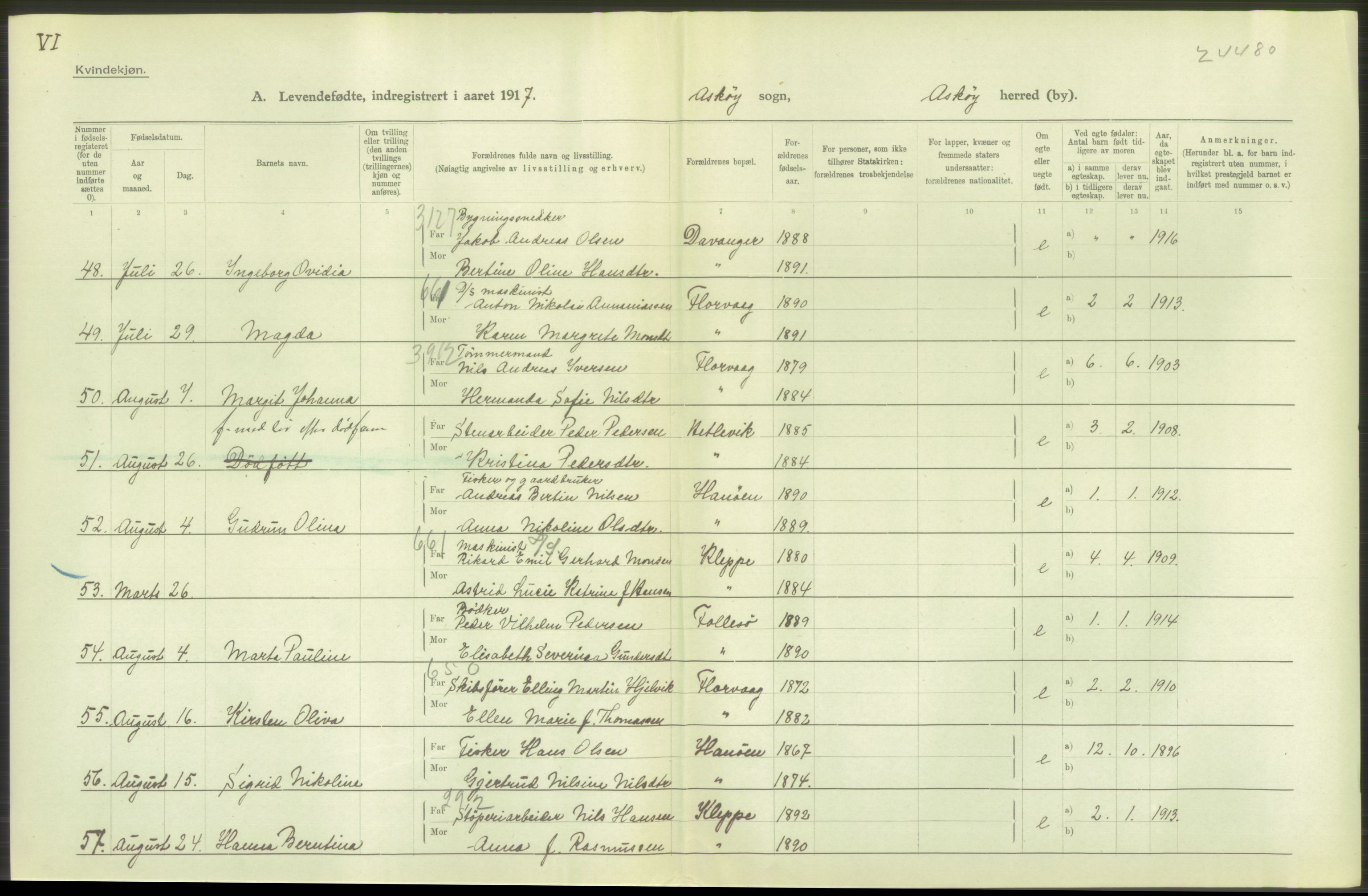 Statistisk sentralbyrå, Sosiodemografiske emner, Befolkning, RA/S-2228/D/Df/Dfb/Dfbg/L0034: S. Bergenhus amt: Levendefødte menn og kvinner. Bygder., 1917, p. 348