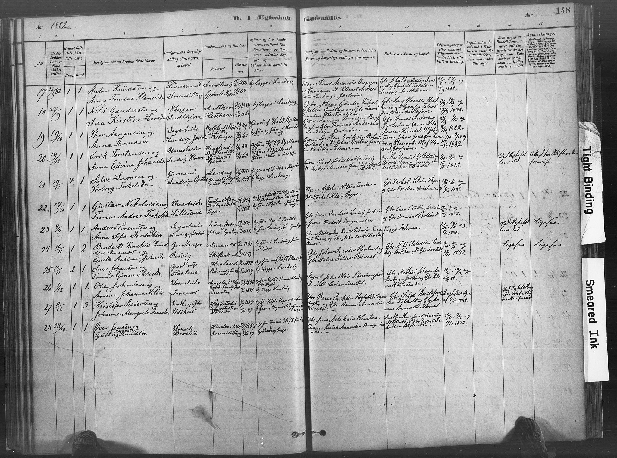 Hommedal sokneprestkontor, AV/SAK-1111-0023/F/Fa/Fab/L0006: Parish register (official) no. A 6, 1878-1897, p. 148