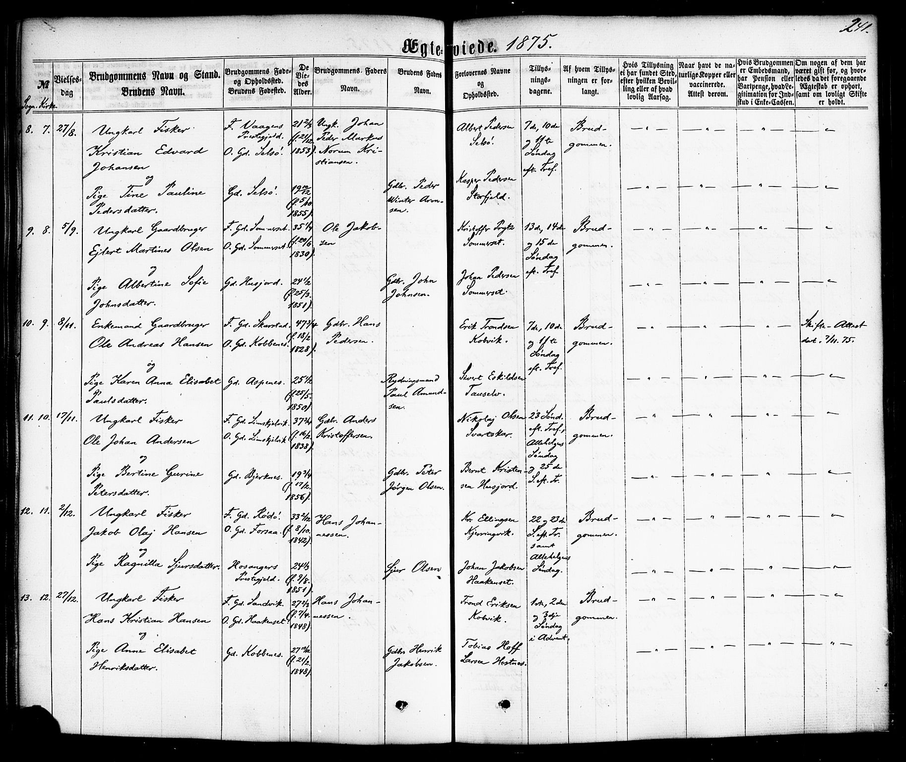 Ministerialprotokoller, klokkerbøker og fødselsregistre - Nordland, AV/SAT-A-1459/872/L1034: Parish register (official) no. 872A09, 1864-1884, p. 241