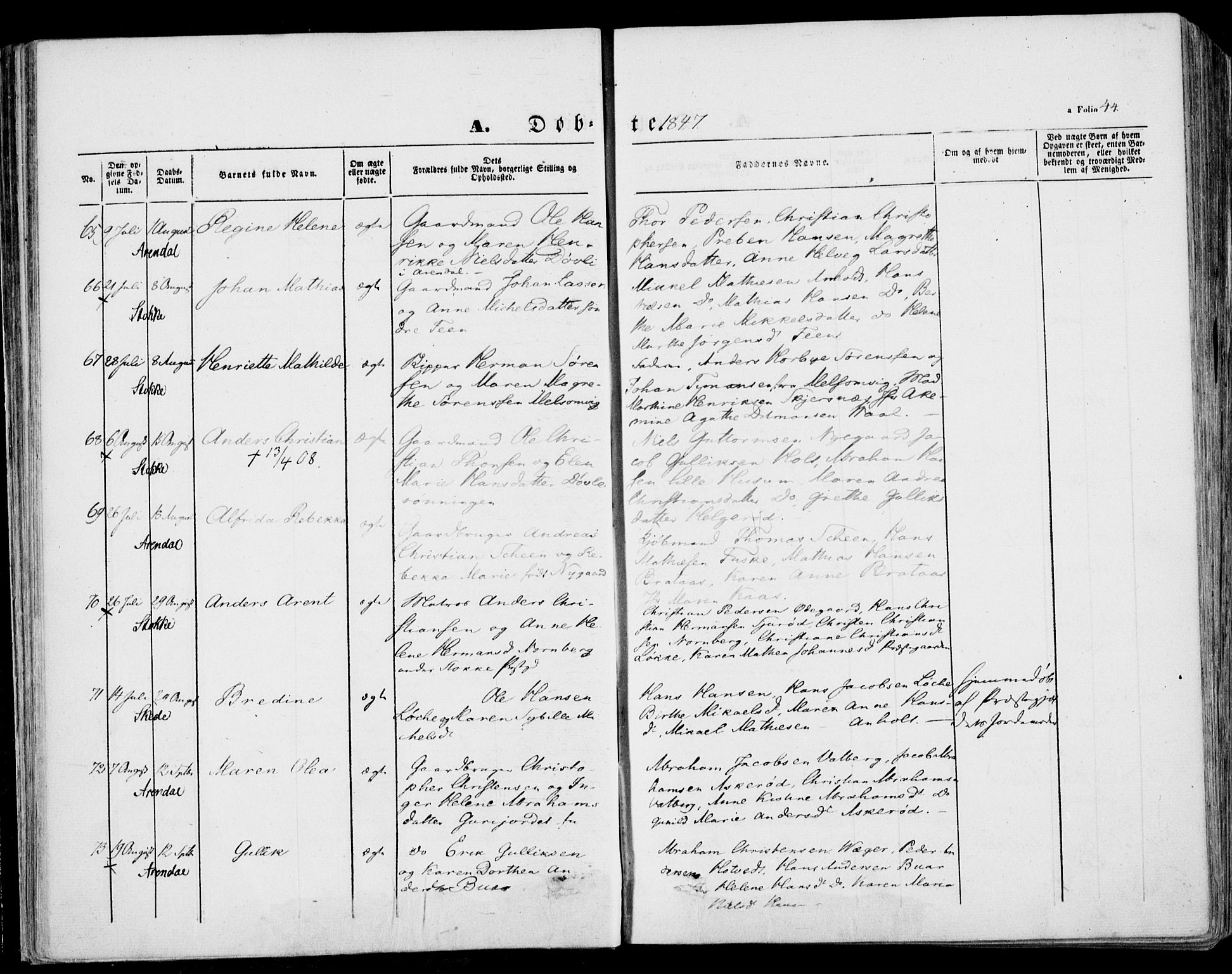 Stokke kirkebøker, AV/SAKO-A-320/F/Fa/L0007: Parish register (official) no. I 7, 1844-1857, p. 44