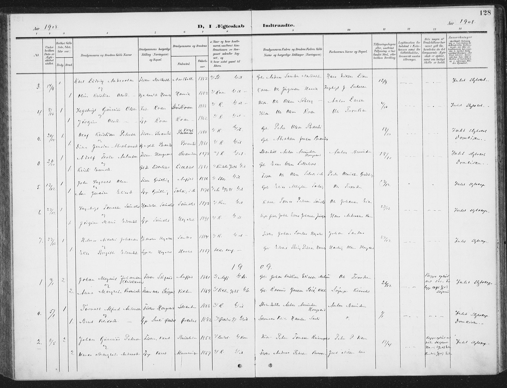Ministerialprotokoller, klokkerbøker og fødselsregistre - Sør-Trøndelag, SAT/A-1456/657/L0709: Parish register (official) no. 657A10, 1905-1919, p. 128