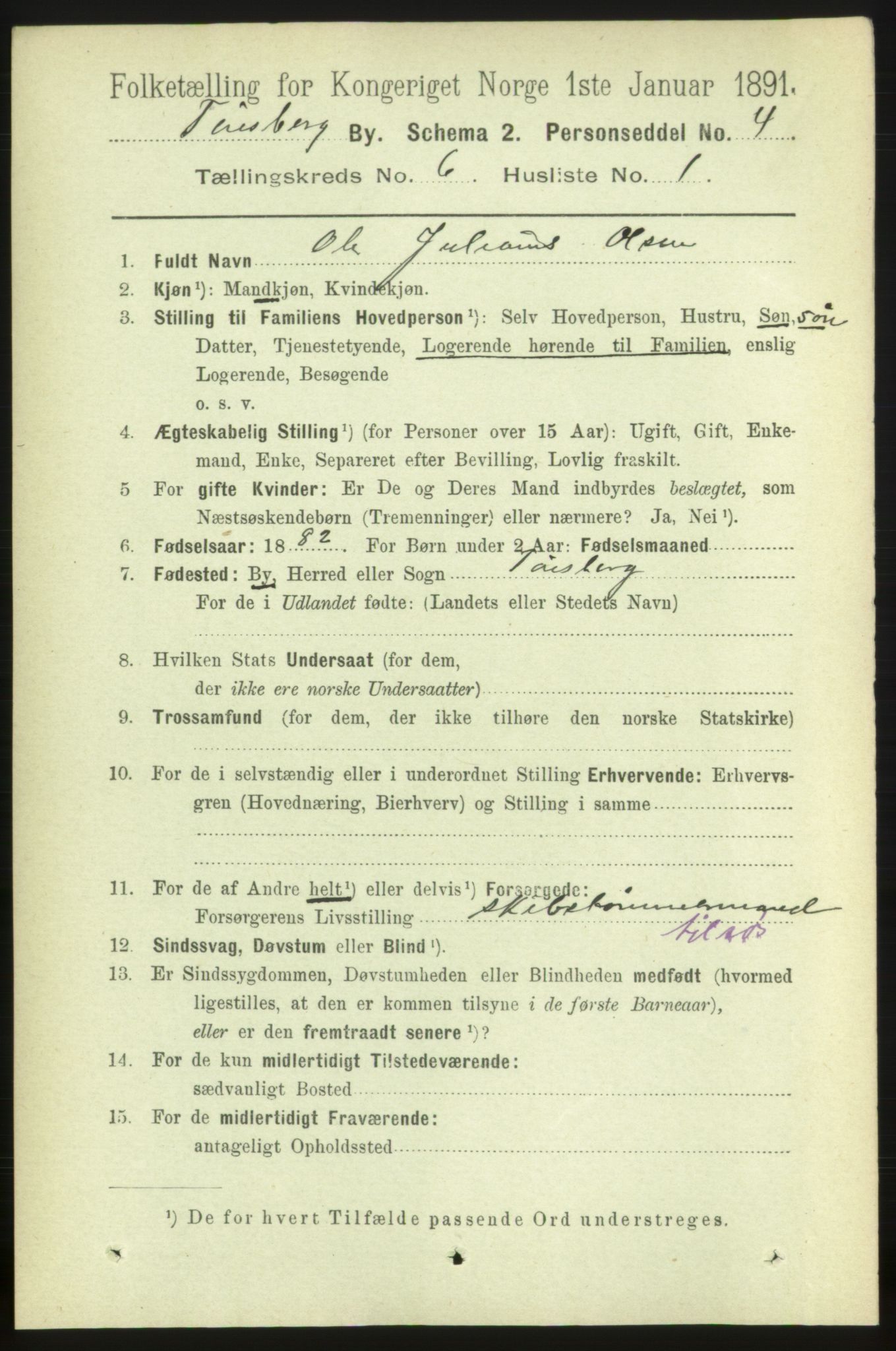 RA, 1891 census for 0705 Tønsberg, 1891, p. 2450