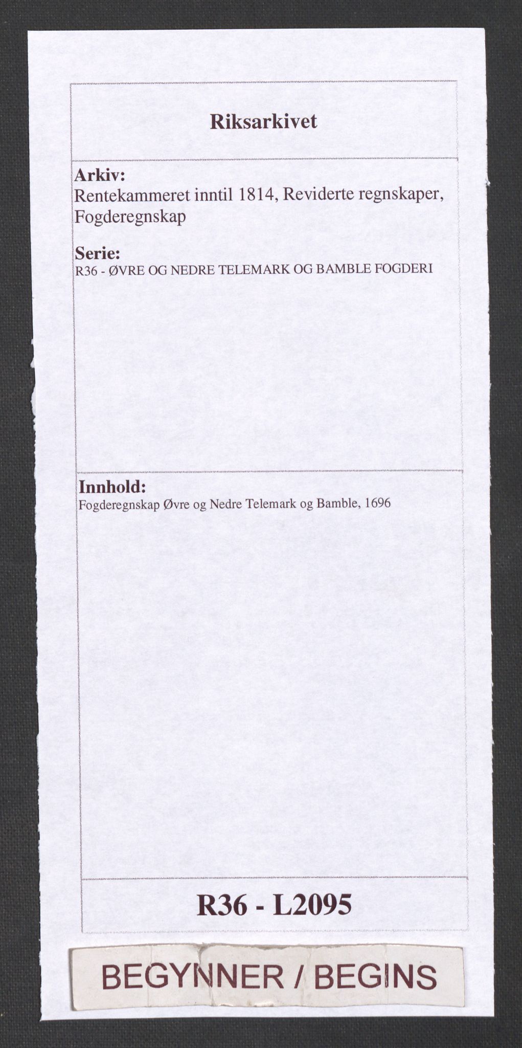 Rentekammeret inntil 1814, Reviderte regnskaper, Fogderegnskap, RA/EA-4092/R36/L2095: Fogderegnskap Øvre og Nedre Telemark og Bamble, 1696, p. 1
